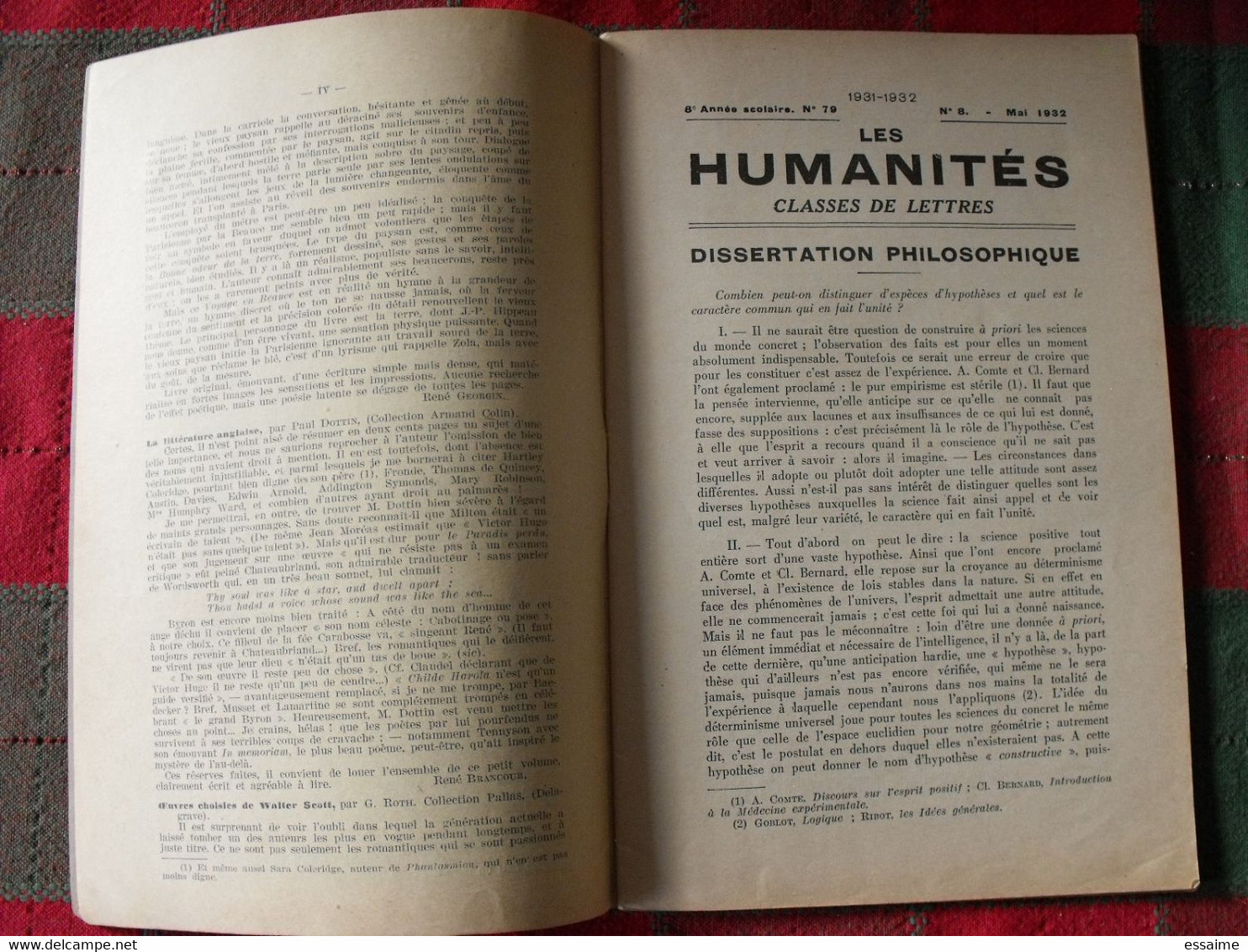 10 N° De "Les Humanités". Hatier 1932-1933. Revue D'enseignement Secondaire Et D'éducation. Classe De Lettres - 18 Ans Et Plus