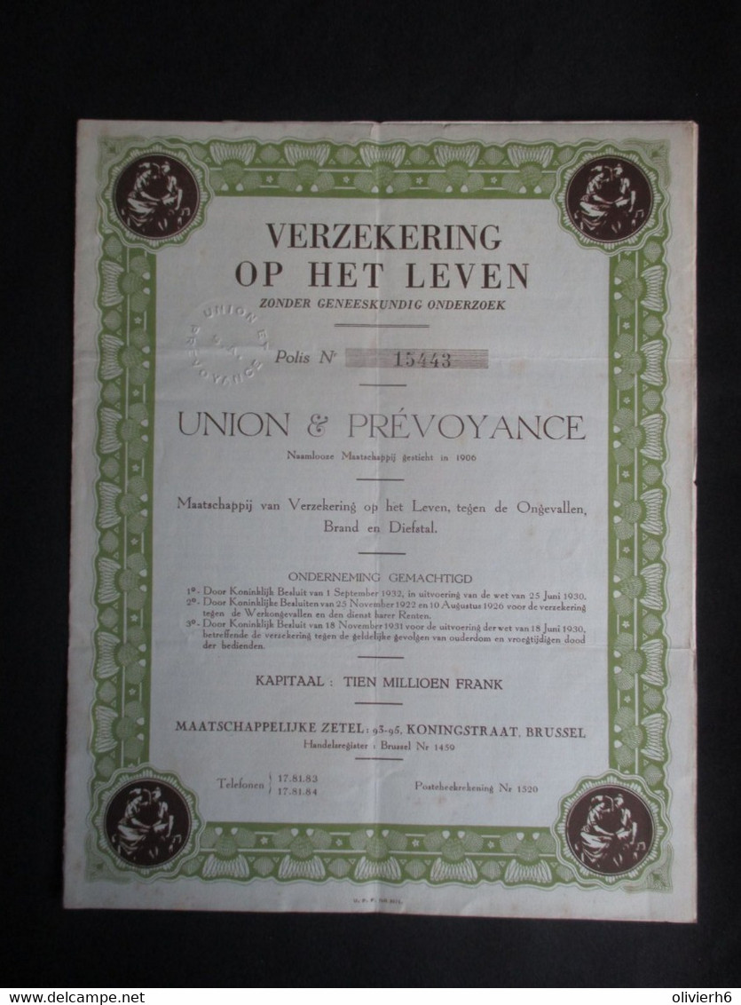 VP ASSURANCE 01/12/1940 (V2030) UNION & PRéVOYANCE (2 Vues) Verzekering Op Het Leven - Bank & Insurance