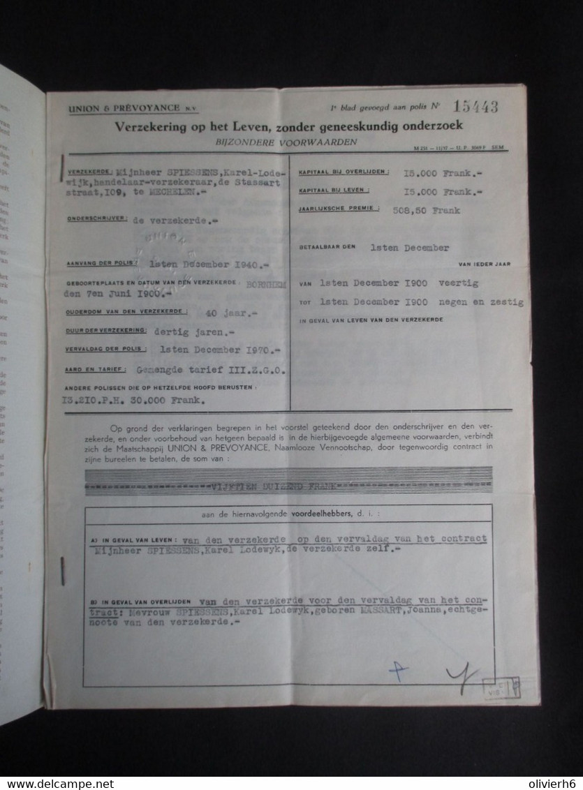 VP ASSURANCE 01/12/1940 (V2030) UNION & PRéVOYANCE (2 Vues) Verzekering Op Het Leven - Banco & Caja De Ahorros