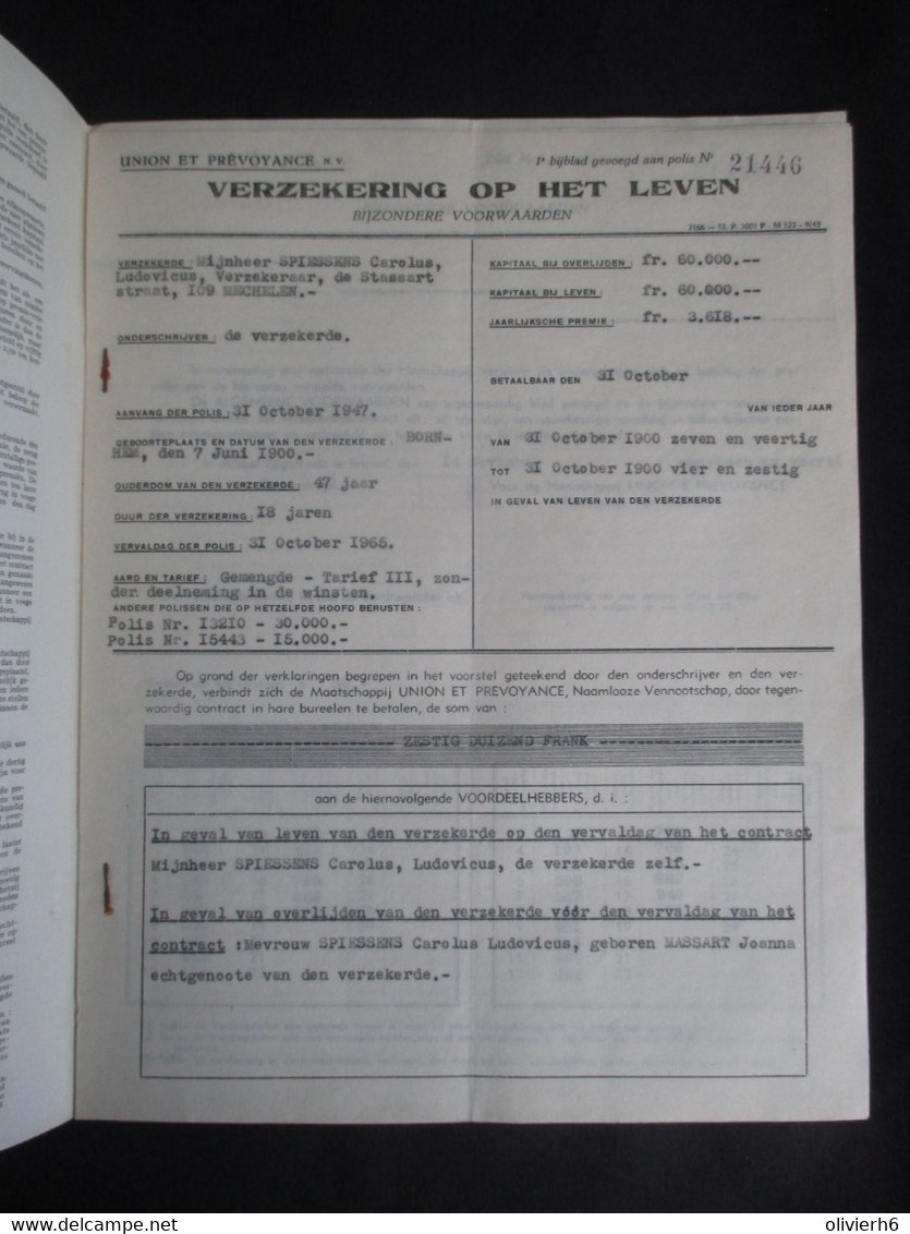 VP ASSURANCE 31/10/1947 (V2030) UNION & PRéVOYANCE (2 Vues) Verzekering Op Het Leven - Bank & Insurance