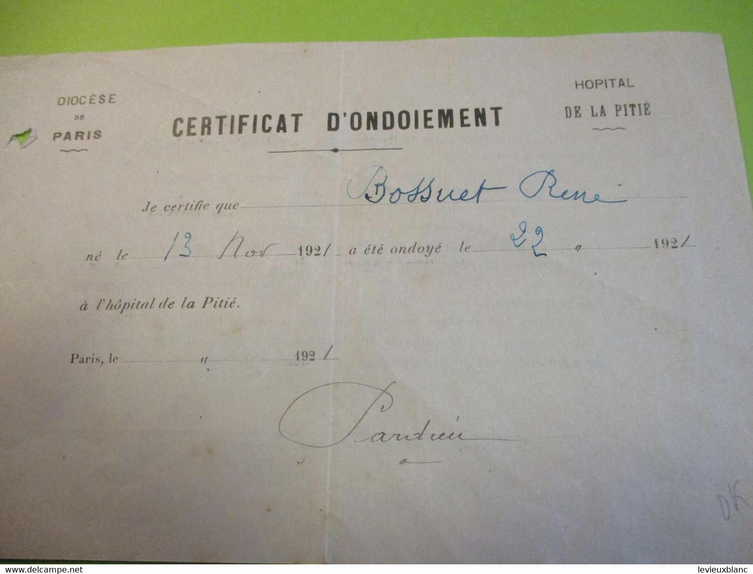 Certificat D'ondoiement/Diocése De Paris / Hopital De La Pitié/ René BOSSUET/ 1921              CAN852 - Religion & Esotérisme