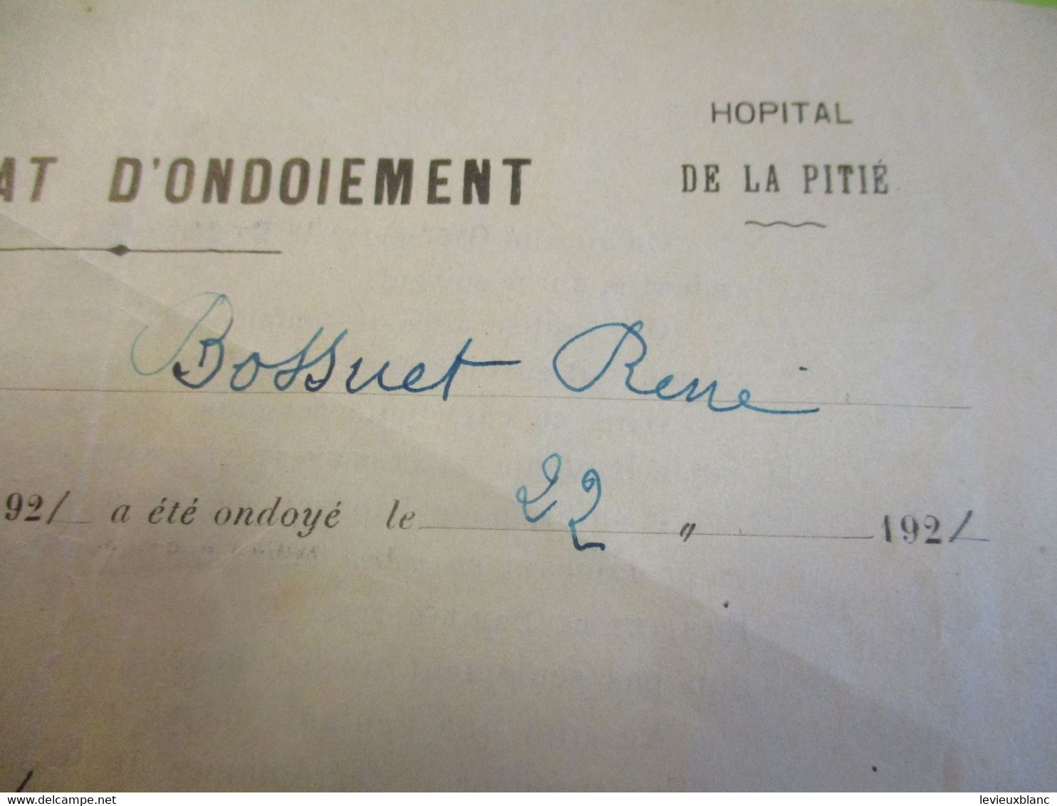 Certificat D'ondoiement/Diocése De Paris / Hopital De La Pitié/ René BOSSUET/ 1921              CAN852 - Godsdienst & Esoterisme