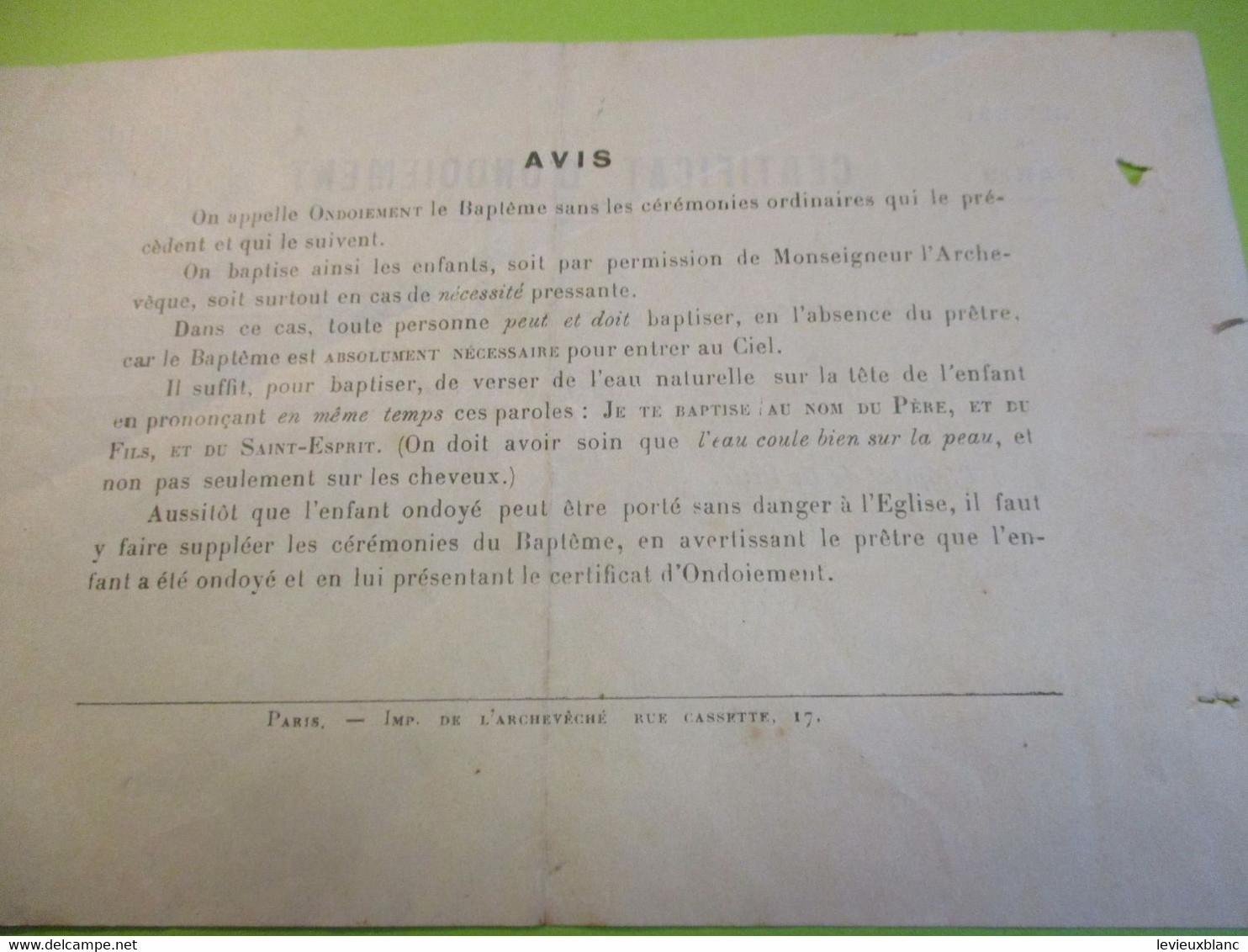 Certificat D'ondoiement/Diocése De Paris / Hopital De La Pitié/ René BOSSUET/ 1921              CAN852 - Religion & Esotericism