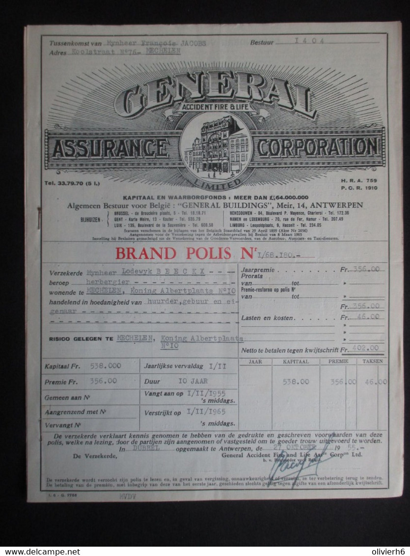 VP ASSURANCE 01/11/1955 (V2030) GENERAL Accident Fire & Life ASSURANCE CORPORATION (2 Vues) ANTWERPEN Meir 14 - Banque & Assurance