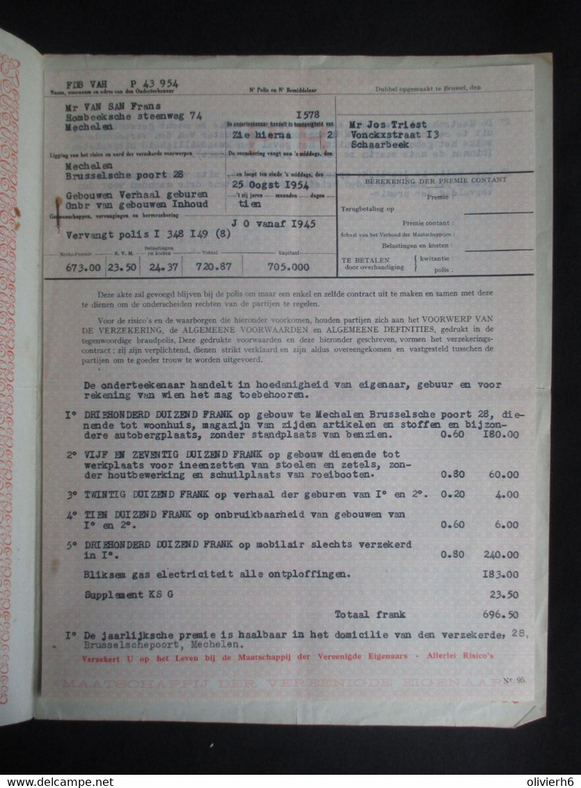 VP ASSURANCE 25/08/1954 (V2030) MAATSCAPPIJ DER VEREENIGDE EIGENAARS (2 Vues) BRUSSEL Markiesstraat 3 - Bank & Versicherung