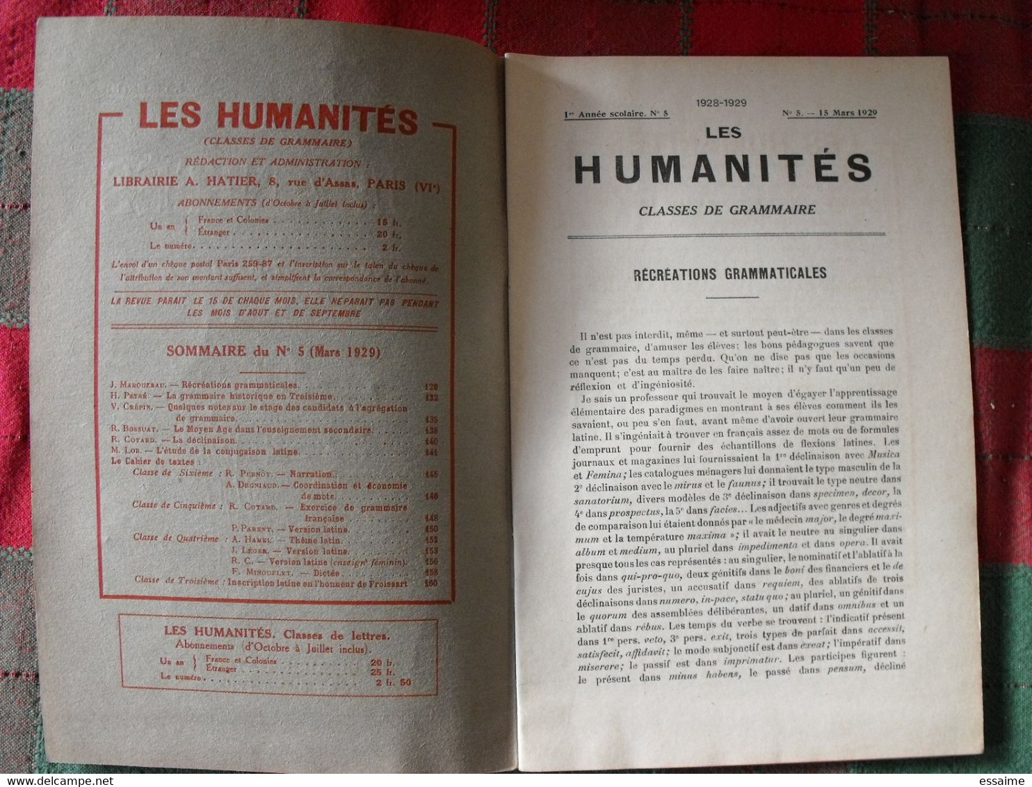 10 N° De "Les Humanités". Hatier 1929-1935. Revue D'enseignement Secondaire Et D'éducation. Classe De Grammaire - 18+ Years Old