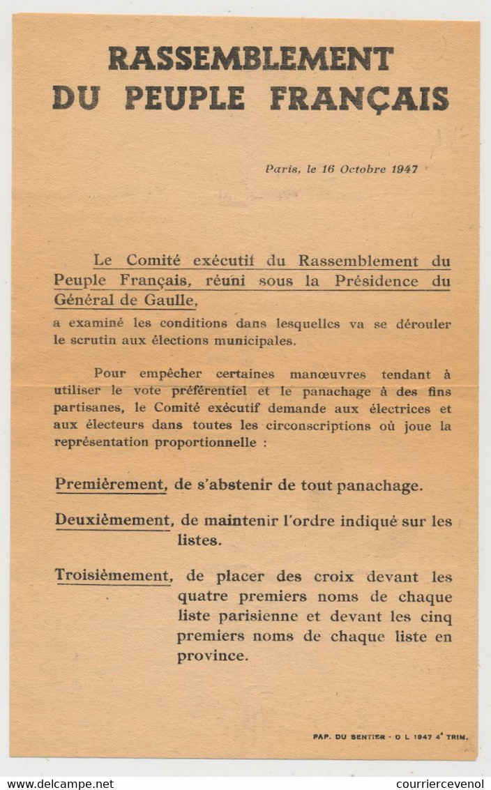 FRANCE - DE GAULLE - Tract Du 16 Octobre 1947 Du RPF - Consignes Pour Les Elections Municipales - Documents Historiques