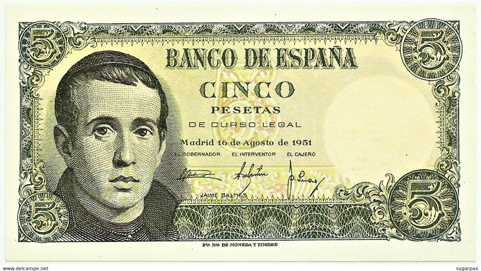 ESPAÑA - 5 Pesetas - 10.08.1951 - Pick 140 - AUnc. - Serie 1D - Jaime Balmes - 5 Peseten