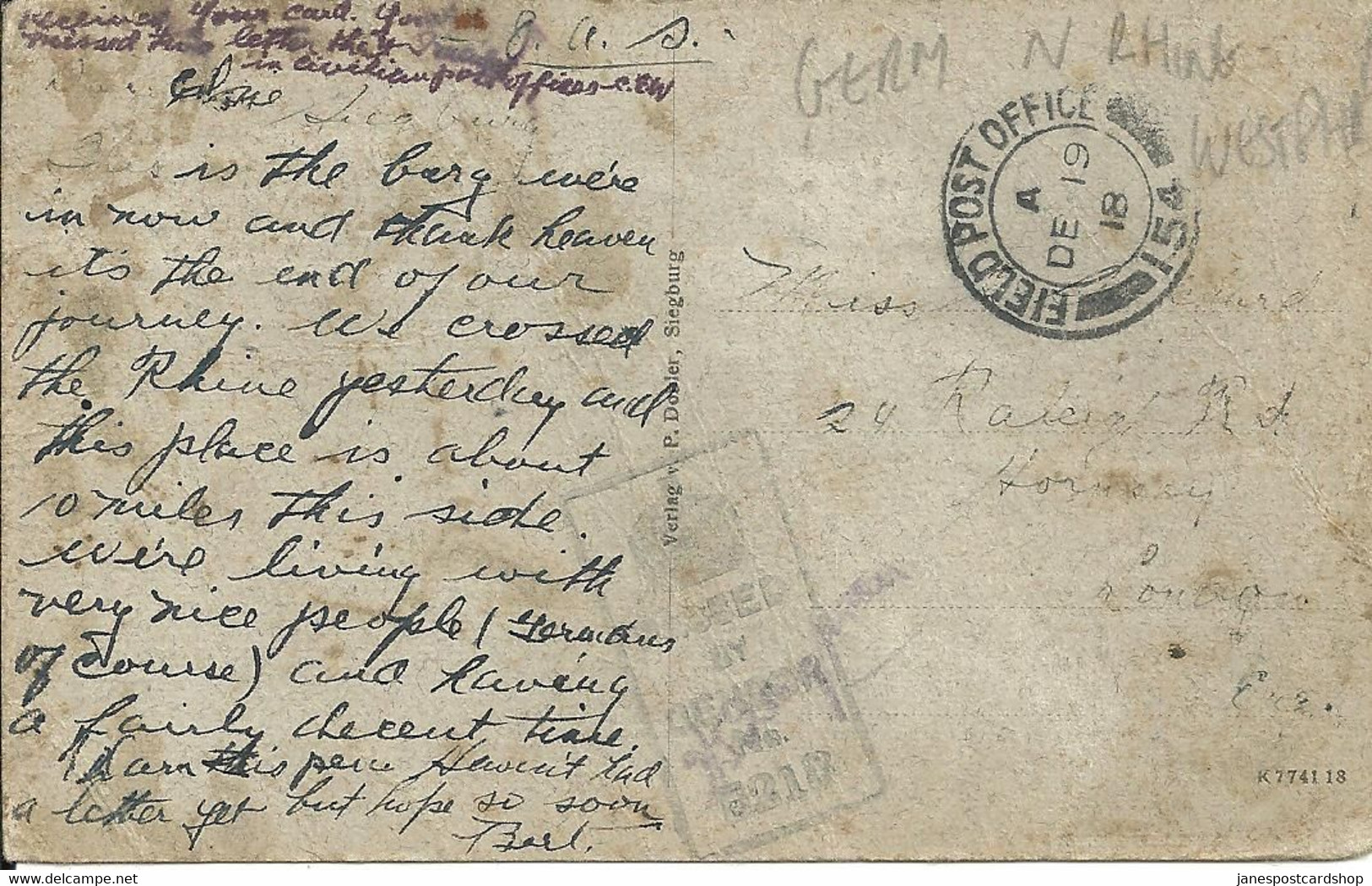 SIGBURG AUS DER VOGELSCHAN - POSTALLY USED DEC 1918 - FIELD POST OFFICE AND CENSOR MARKS - Siegburg