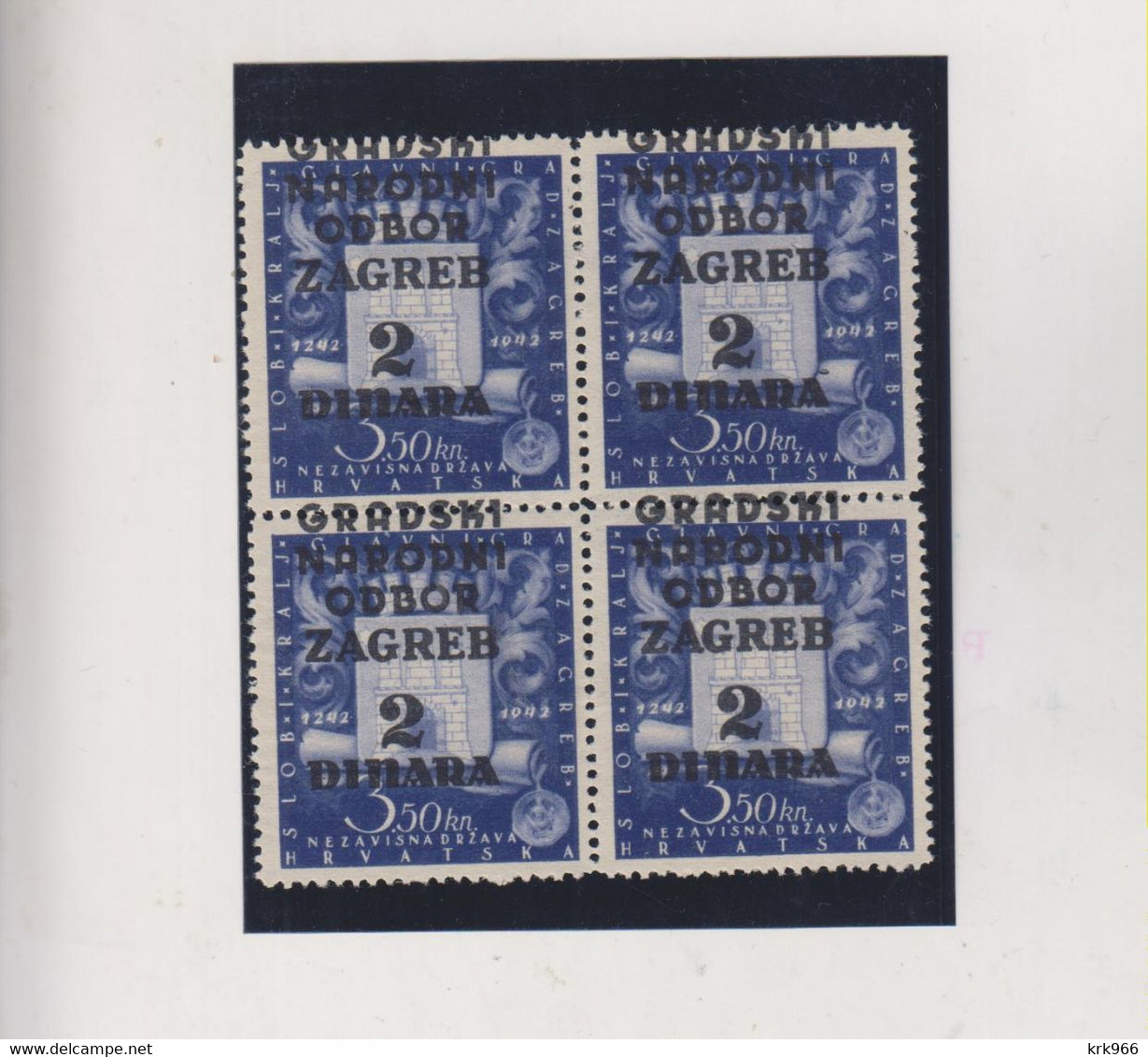 CROATIA.WW II,ZAGREB Bloc Of 4 With 1945 Yugoslavia Ovpt 2 Dinara,city Taxe,no Gum - Croazia