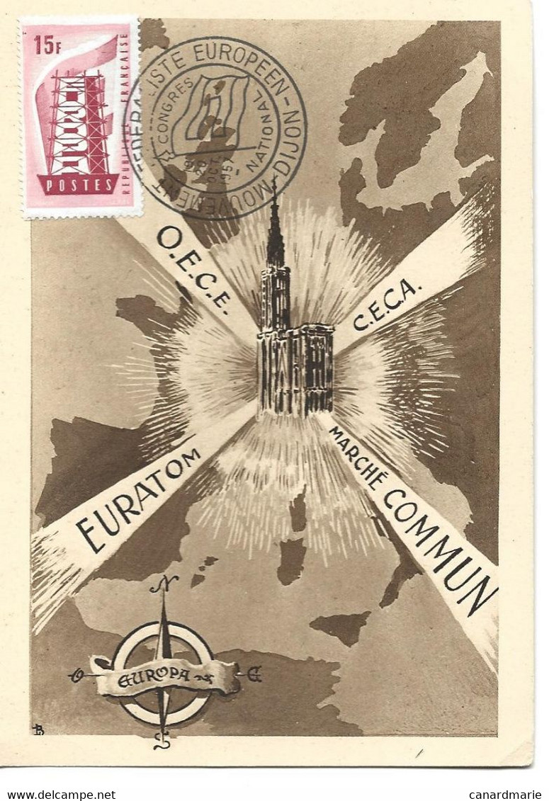 CARTE POSTALE FRANCE 1957 AVEC TIMBRE EUROPA ET CACHET MOUVEMENT FEDERALISTE EUROPEEN DIJON - 1957