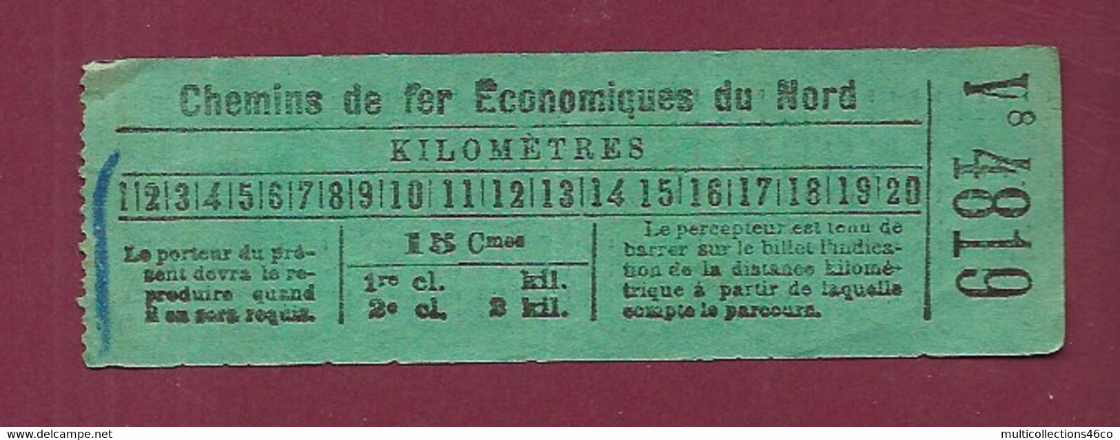 180121 TICKET CHEMIN DE FER TRAM METRO - V8 4819 CHEMINS DE FER ECONOMIQUES DU NORD - Europe