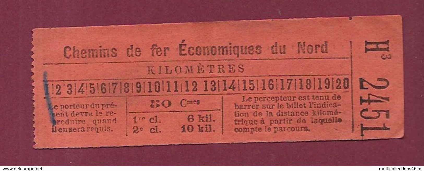 180121 TICKET CHEMIN DE FER TRAM METRO - H3 2451 CHEMINS DE FER ECONOMIQUES DU NORD 50 Cmes - Europe