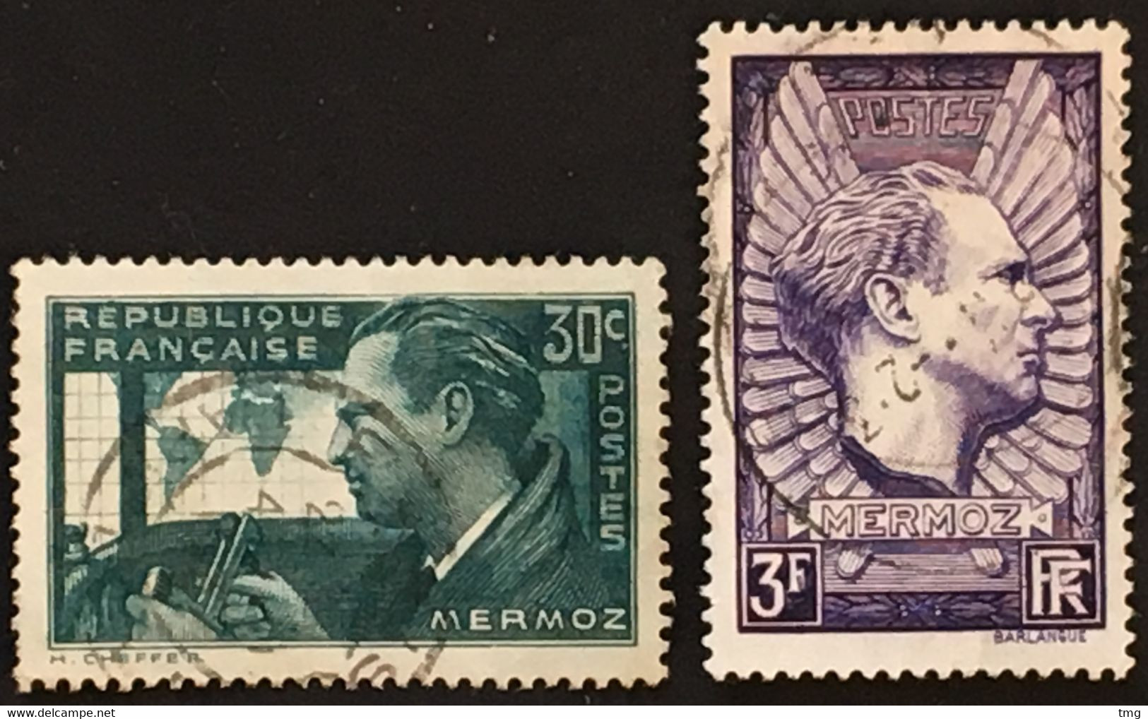 YT 337 & 338 (°) Oblitéré 1937, Jean Mermoz Hydravion Croix Du Sud (côte 4,65 Euros) – Bw - Gebraucht