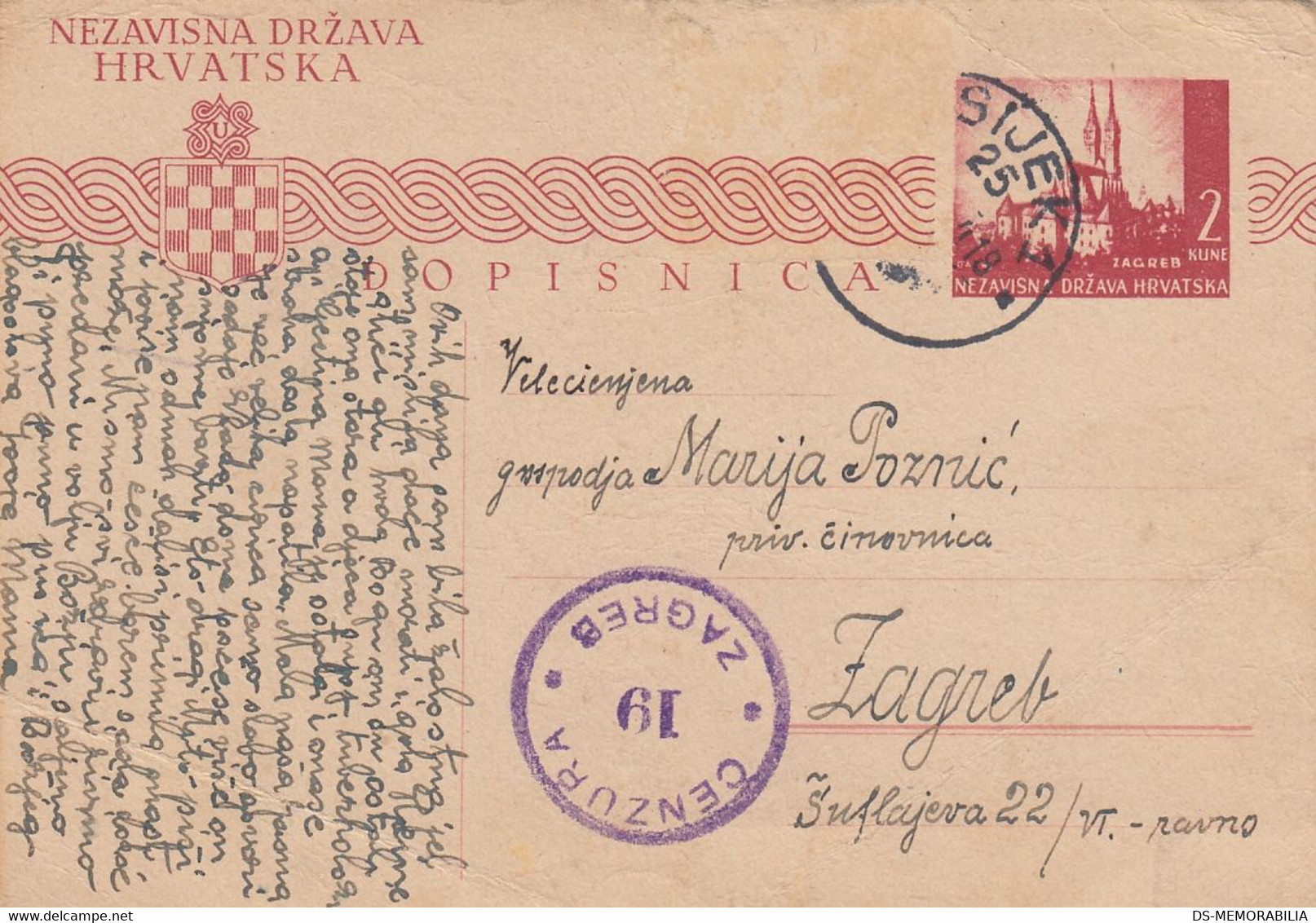 1944 Croatia NDH Stationery Sent From Osijek To Zagreb , Censored , Censure Zagreb 19 - Croazia