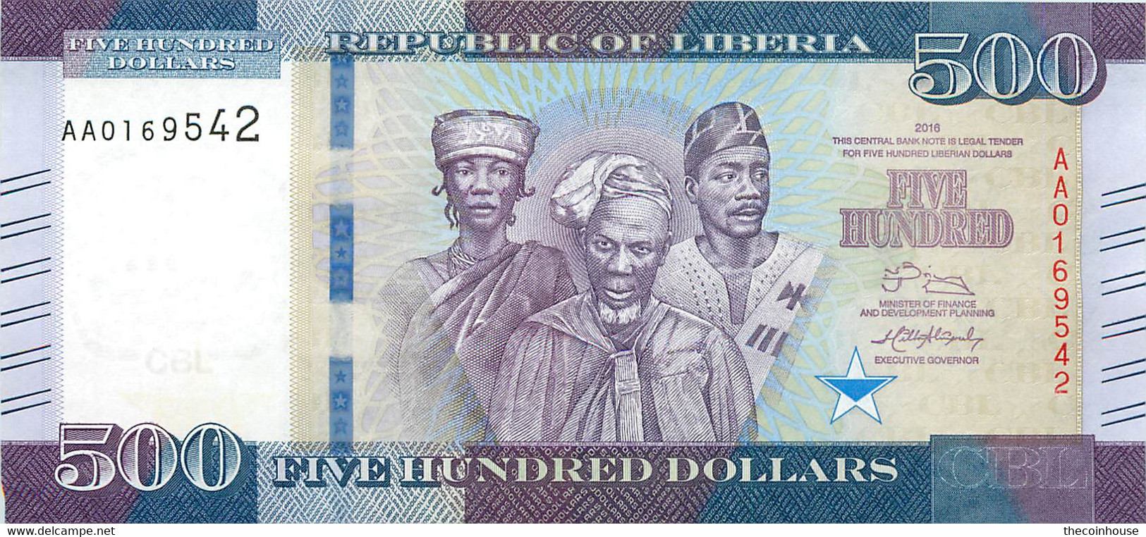 Liberia, Republic, Banknote 500 Dollars 2016 Three Men At Center, P 36a, UNC - Liberia