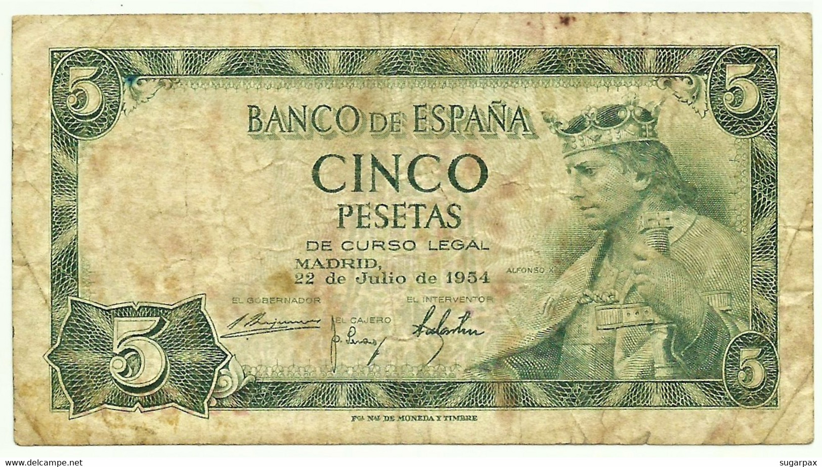 ESPAÑA - 5 Pesetas - 22.07.1954 - Pick 146 - Serie D - King Alfonso X - 5 Pesetas