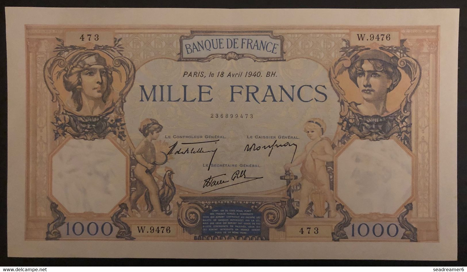 France Billets, 1000 Francs, 18 Avril 1940 ''Cérès Et Mercure'' En Parfait état - 1 000 F 1927-1940 ''Cérès E Mercure''