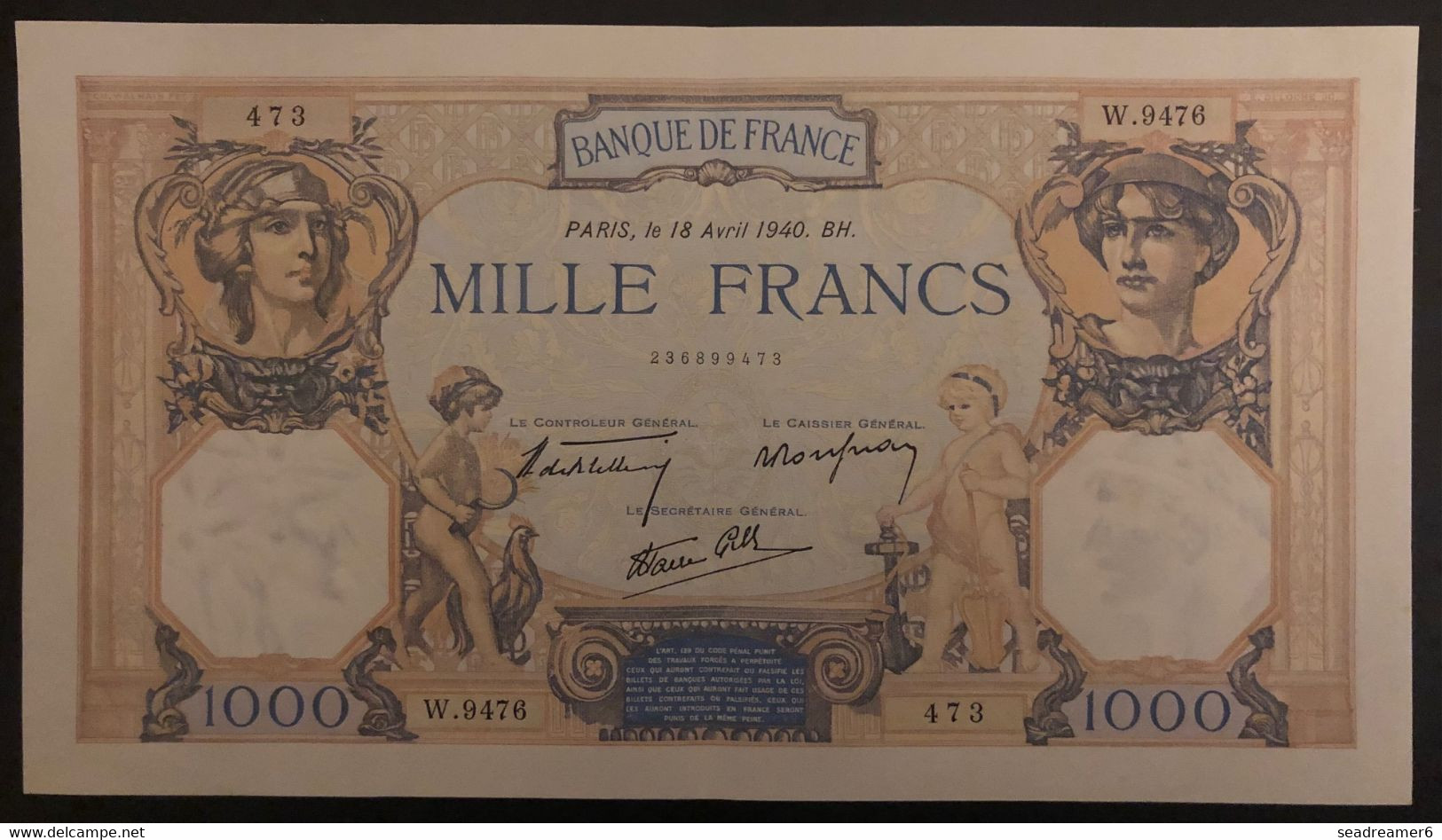 France Billets, 1000 Francs, 18 Avril 1940 ''Cérès Et Mercure'' En Parfait état - 1 000 F 1927-1940 ''Cérès Et Mercure''