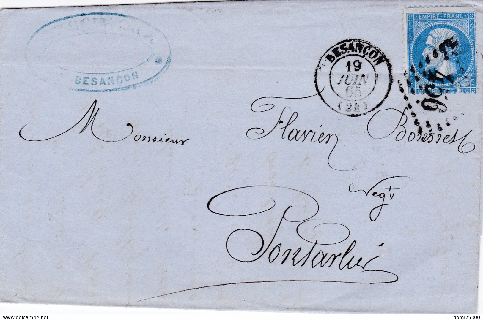 25 – BESANCON – GC 456 – Pli à Destination De Pontarlier (1865) – Cachet à Date Type 15 - 1849-1876: Période Classique