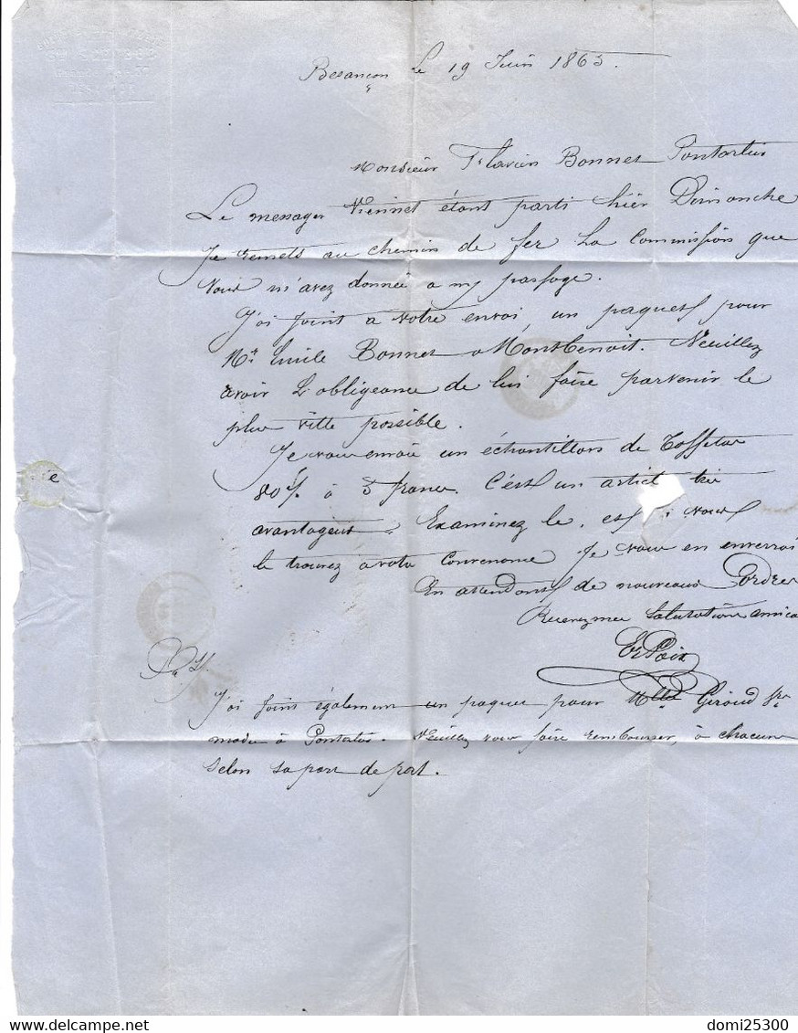 25 – BESANCON – GC 456 – Pli à Destination De Pontarlier (1865) – Cachet à Date Type 15 - 1849-1876: Période Classique