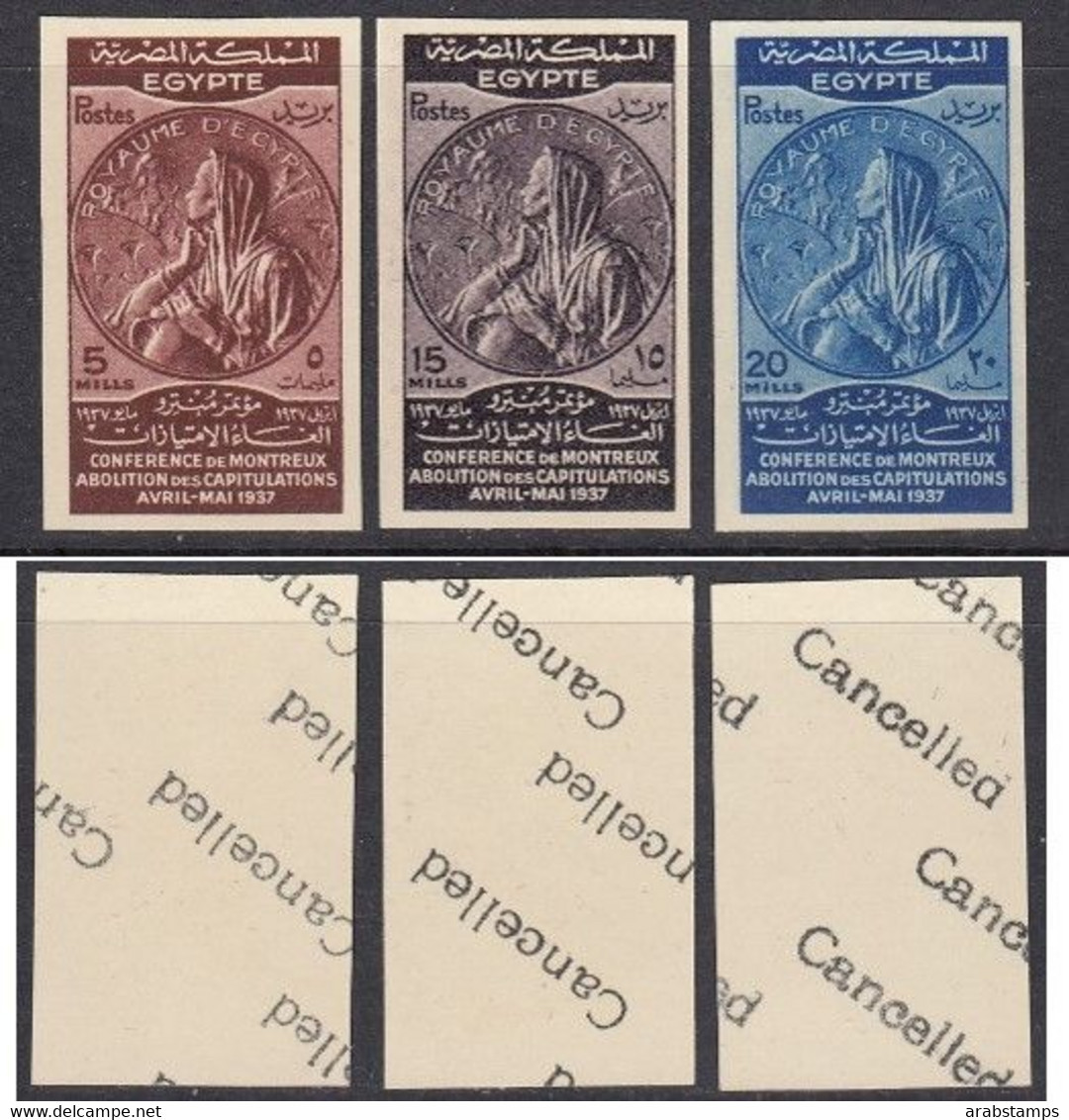 1937Egypt Abolition Of Capitulations Royal IMPERF Proof On Card With Cancelled 3values MNH (only50exisst) S.G.259-261 - Unused Stamps