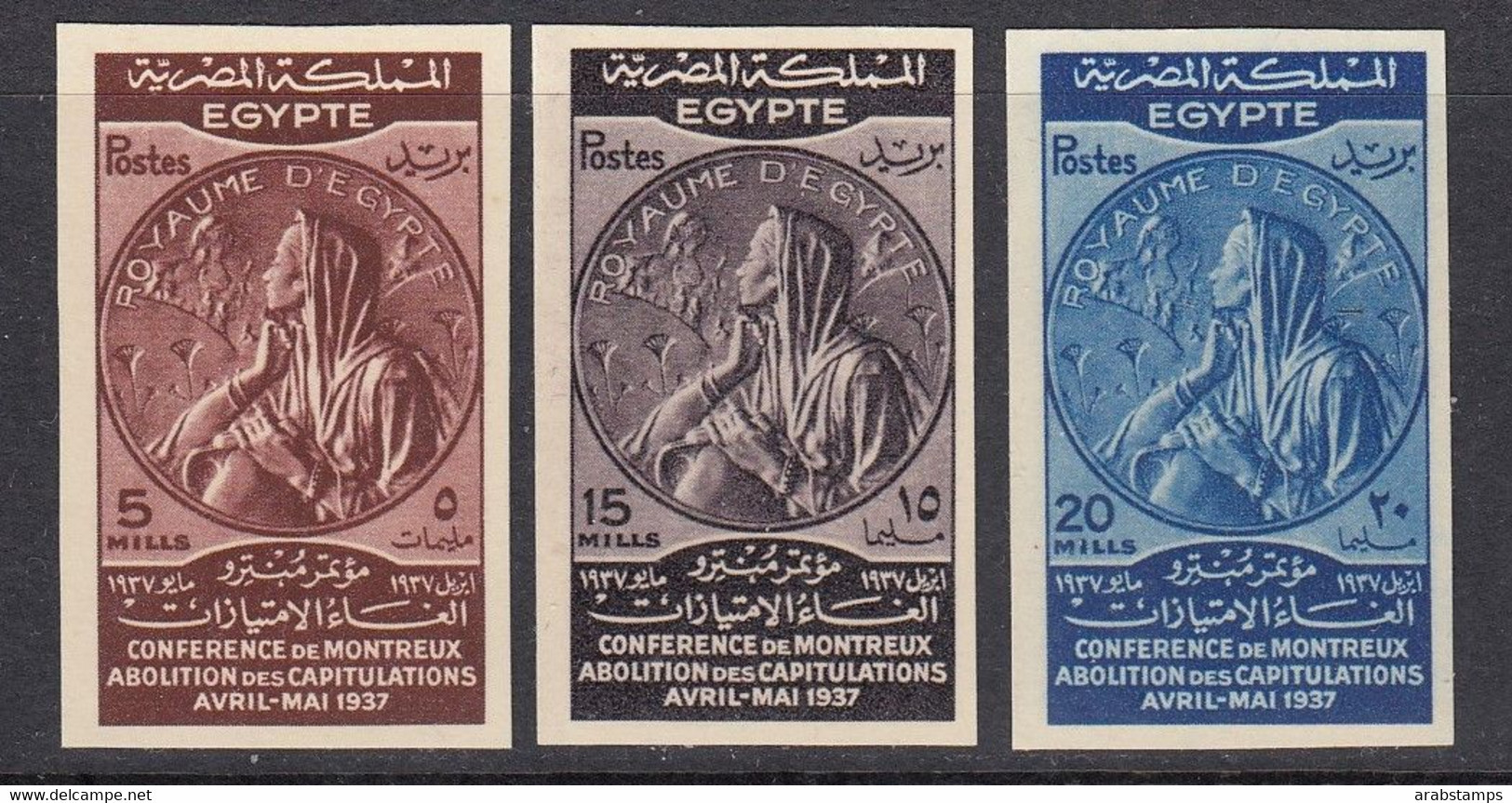 1937Egypt Abolition Of Capitulations Royal IMPERF Proof On Card With Cancelled 3values MNH (only50exisst) S.G.259-261 - Ongebruikt