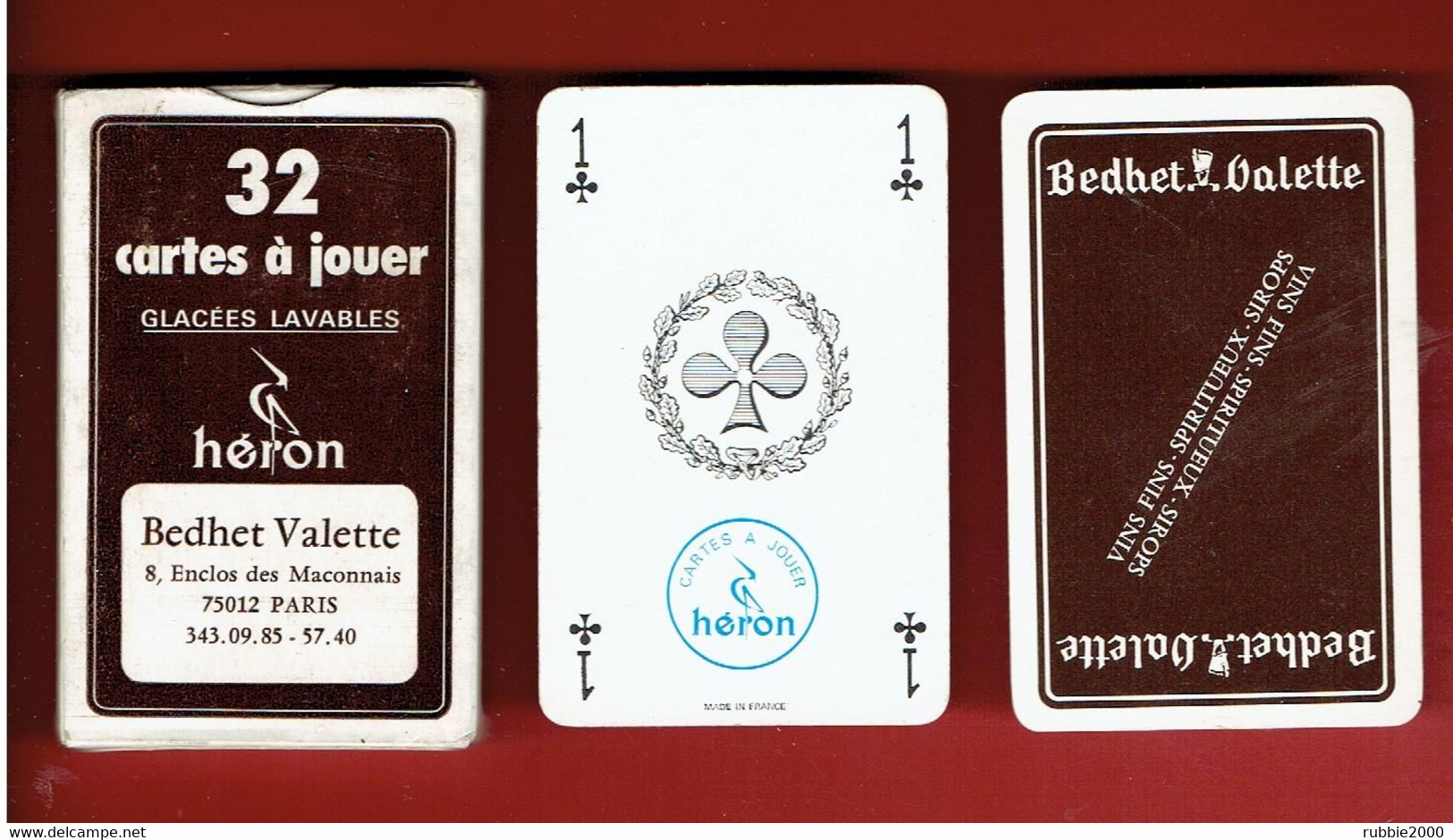 JEU 32 CARTES A JOUER PUBLICITE BEDHET VALETTE 8 ENCLOS DES MACONNAIS A PARIS 12 FABRICANT HERON - 32 Cartes