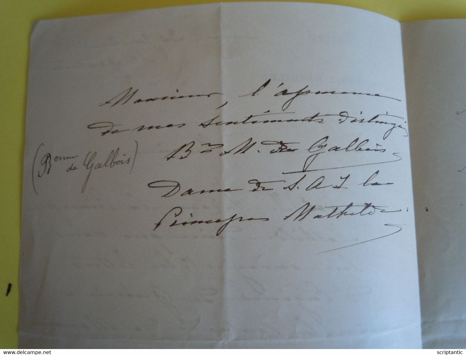 AUTOGRAPHE Baronne Marie De GALBOIS Secrétaire PRINCESSE MATHILDE Bonaparte - Other & Unclassified