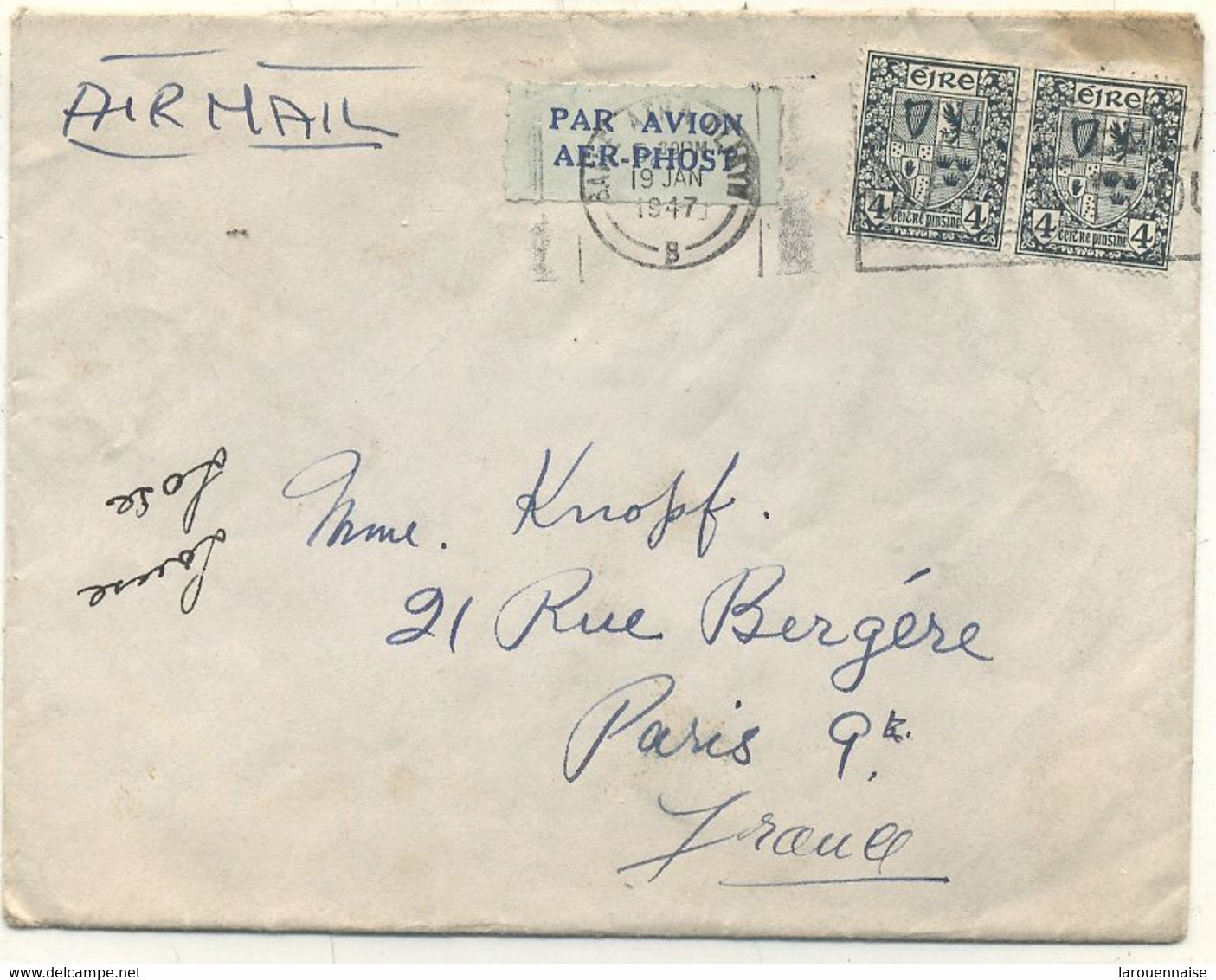 IRELANDE - LETTRE PAR AVION Pour PARIS . C à D  19 JAN.1947 - Cartas & Documentos