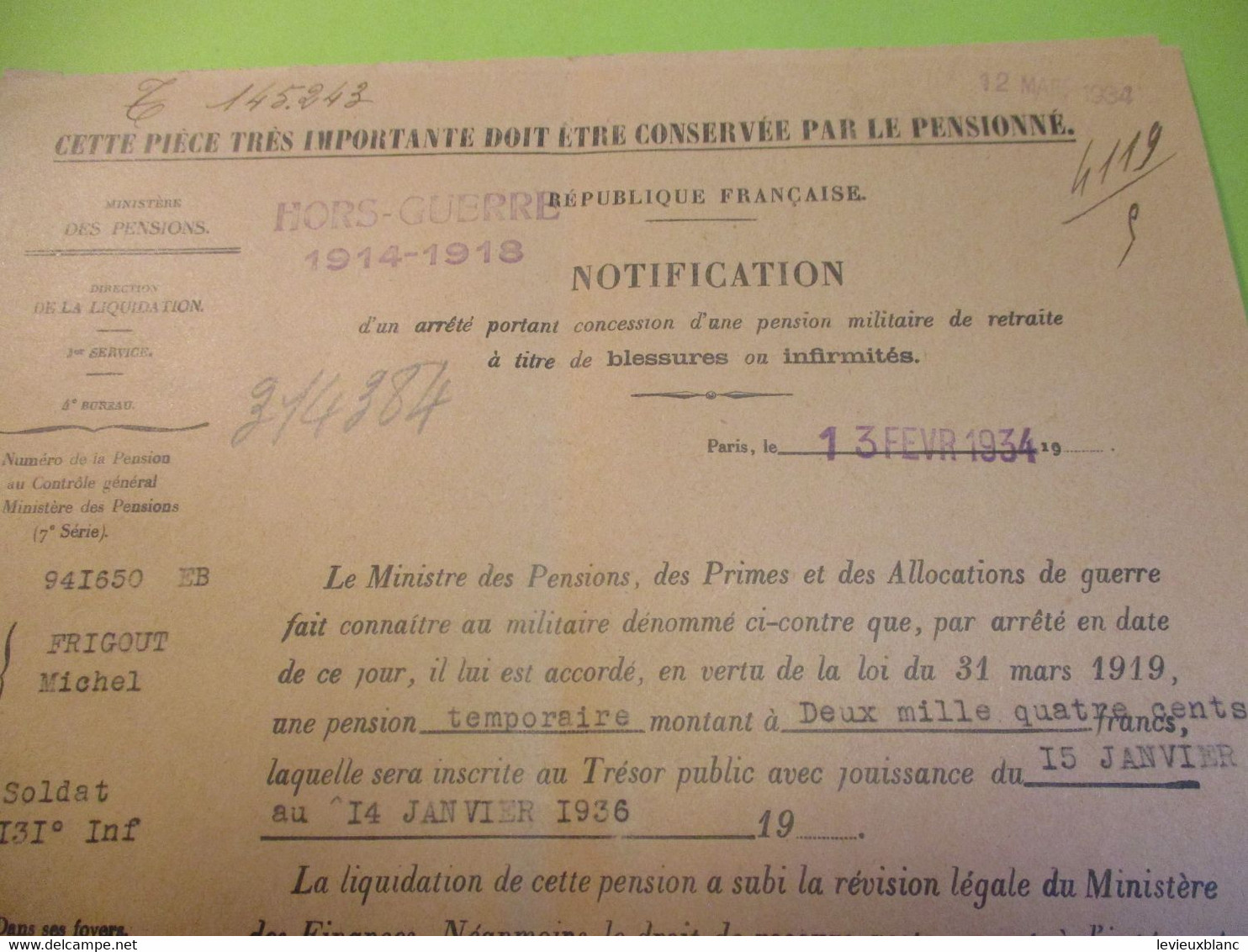 Pension D'Invalidité/Michel Frigout/ Soldat 131éme RI/Tuberculose Pulmonaire/Hors Guerre 14-18/St OUEN//1934     AEC186 - 1939-45