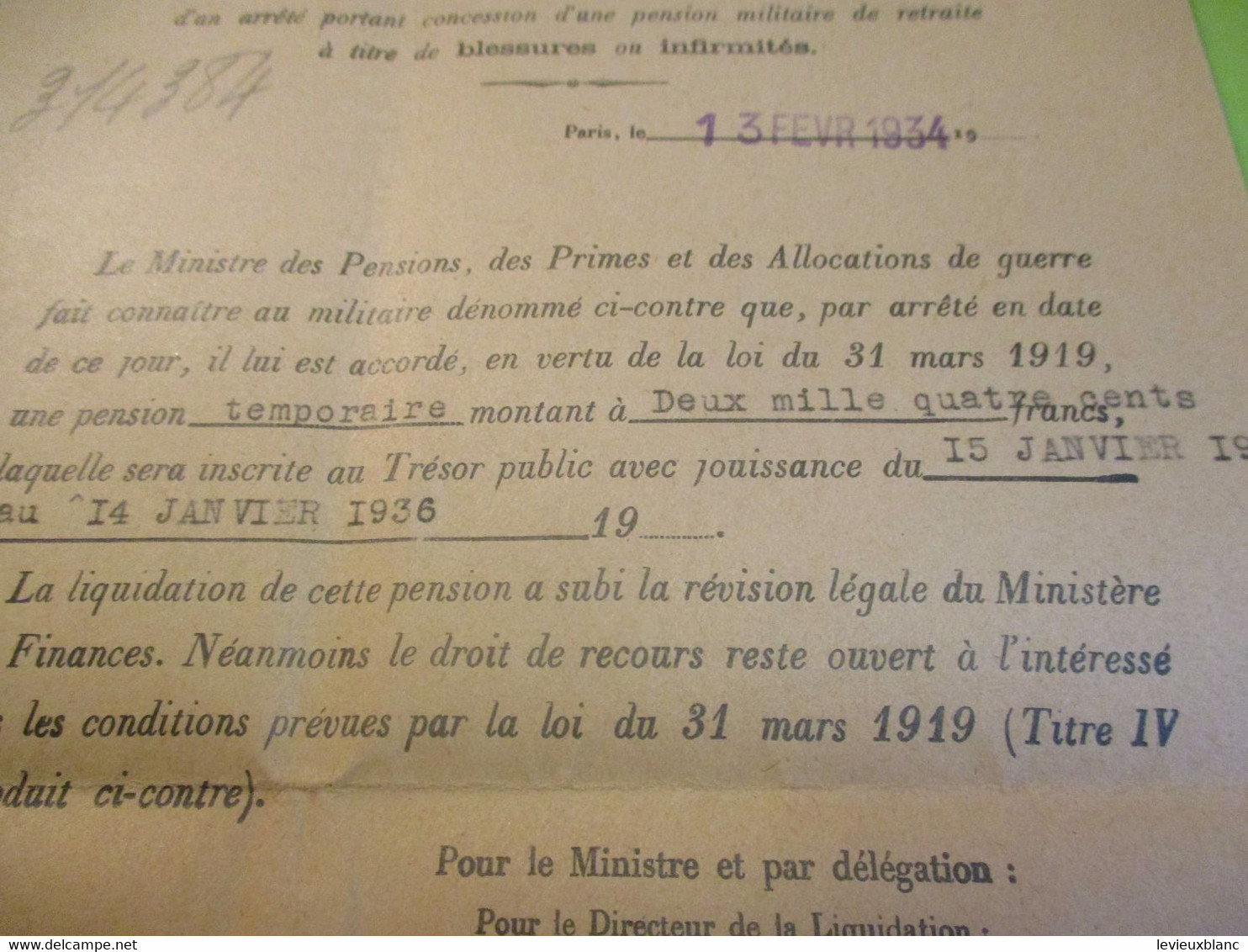 Pension d'Invalidité/Michel Frigout/ Soldat 131éme RI/Tuberculose pulmonaire/Hors guerre 14-18/St OUEN//1934     AEC186