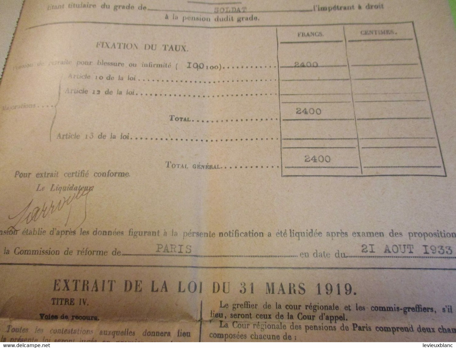 Pension d'Invalidité/Michel Frigout/ Soldat 131éme RI/Tuberculose pulmonaire/Hors guerre 14-18/St OUEN//1934     AEC186