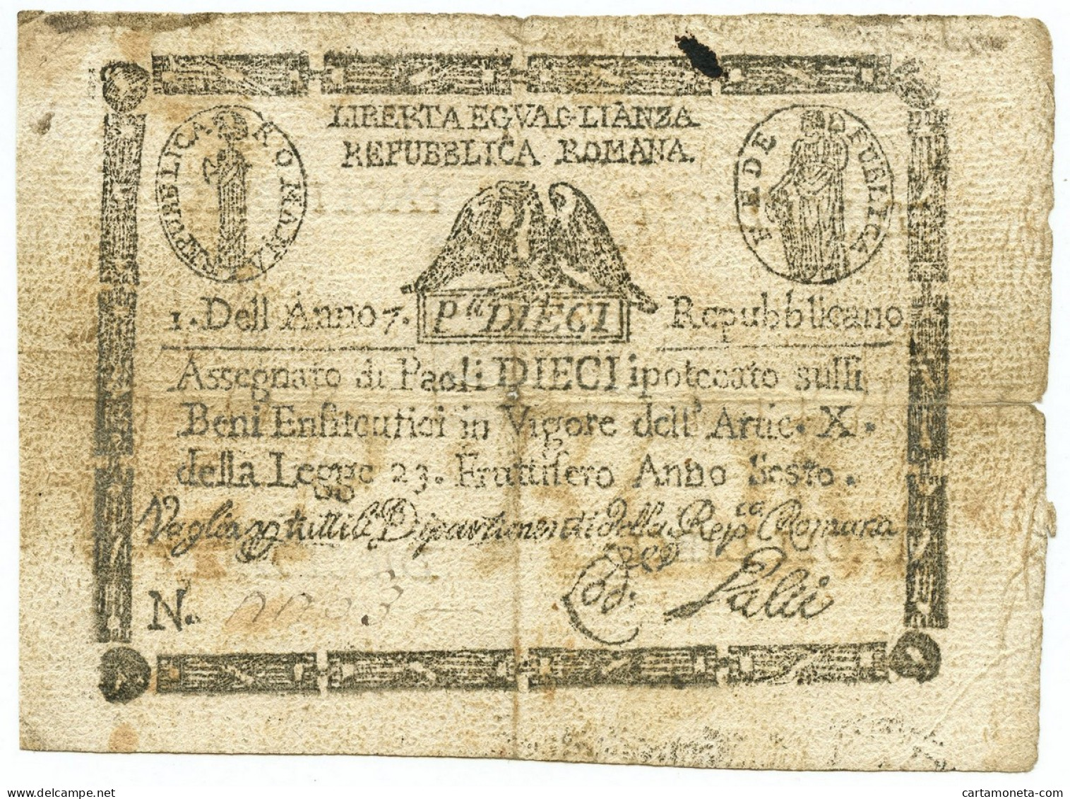 10 PAOLI FALSO D'EPOCA ASSEGNATO REPUBBLICA ROMANA TIMBRO QUADRATO 1798 MB/BB - [ 8] Fictifs & Specimens