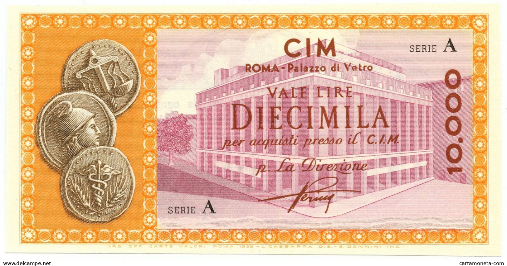 10000 LIRE CONSORZIO ITALIANO MANUFATTI CIM ROMA PALAZZO DI VETRO 1958 FDS-/FDS - [ 7] Fouten & Varianten