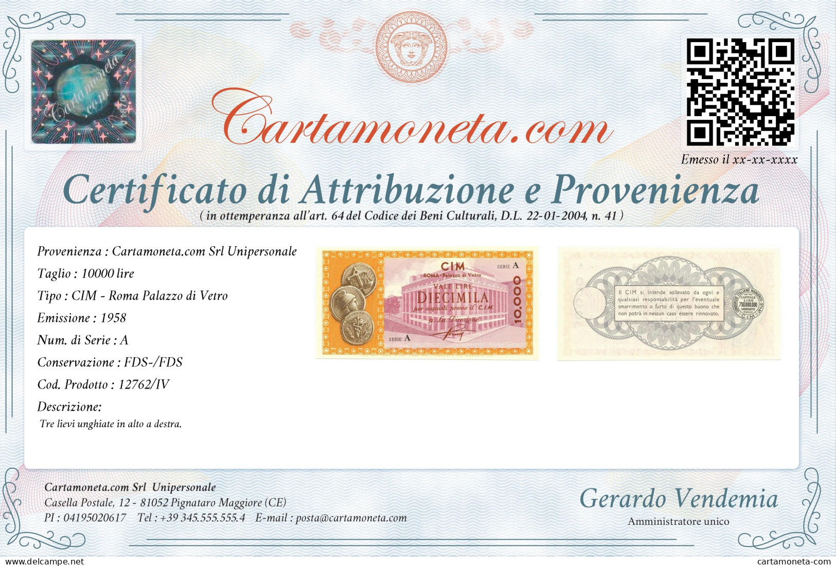 10000 LIRE CONSORZIO ITALIANO MANUFATTI CIM ROMA PALAZZO DI VETRO 1958 FDS-/FDS - [ 7] Fouten & Varianten