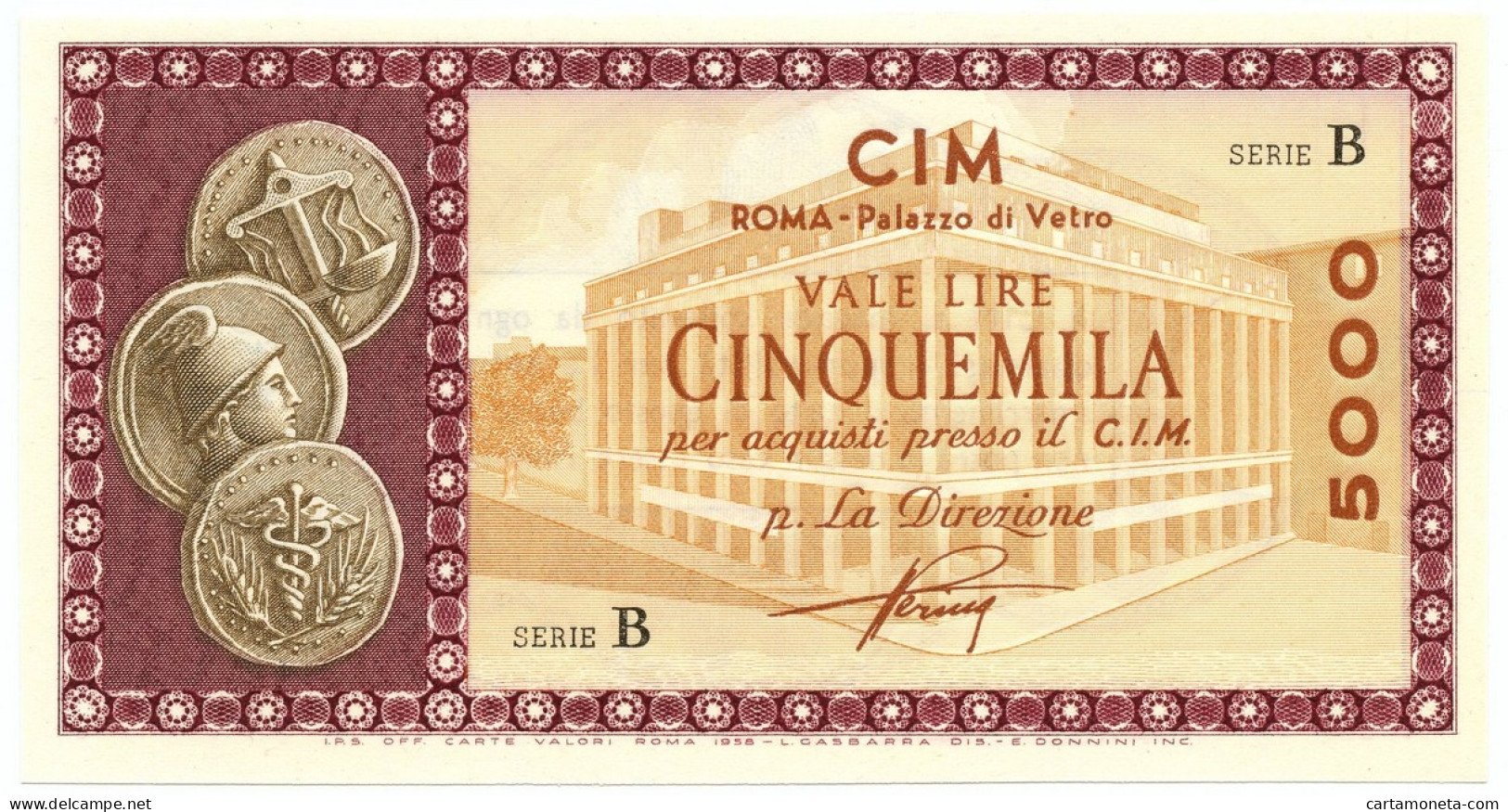 5000 LIRE CONSORZIO ITALIANO MANUFATTI CIM ROMA PALAZZO DI VETRO 1958 FDS - [ 7] Errori & Varietà