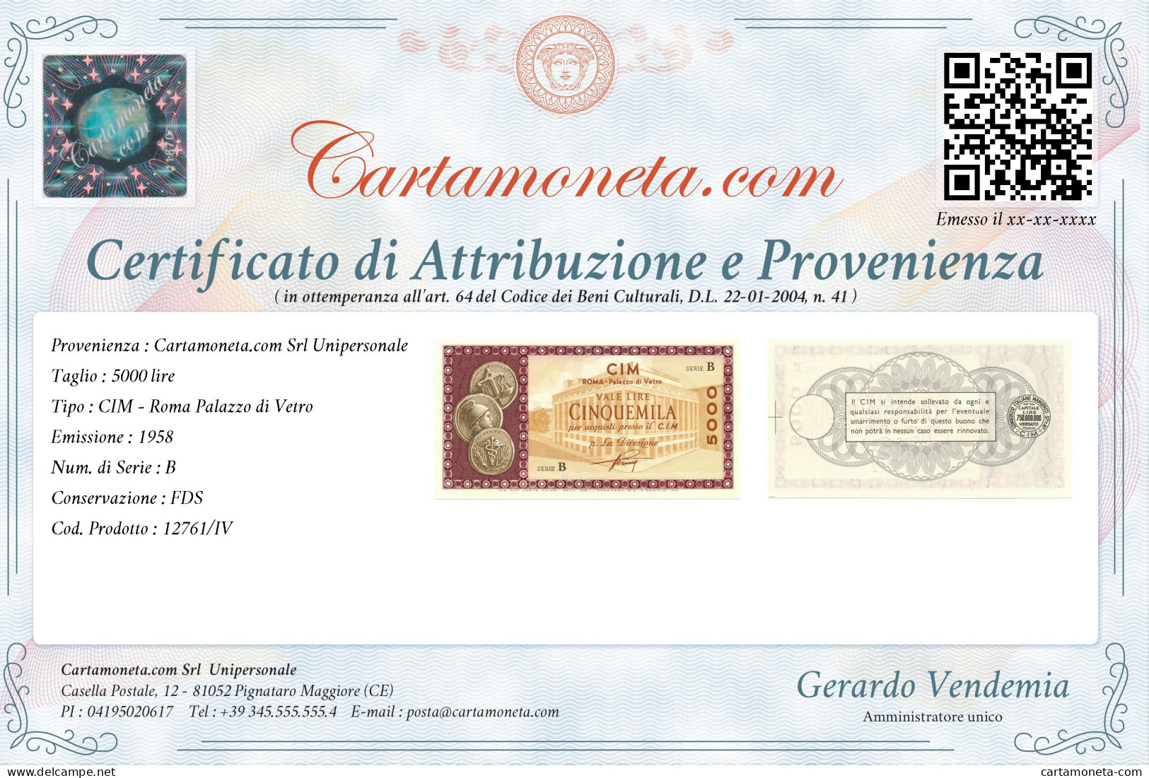 5000 LIRE CONSORZIO ITALIANO MANUFATTI CIM ROMA PALAZZO DI VETRO 1958 FDS - [ 7] Errors & Varieties