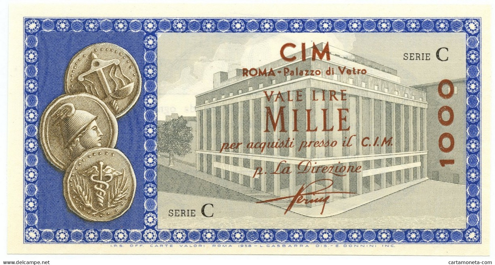 1000 LIRE CONSORZIO ITALIANO MANUFATTI CIM ROMA PALAZZO DI VETRO 1958 FDS - [ 7] Errores & Variedades