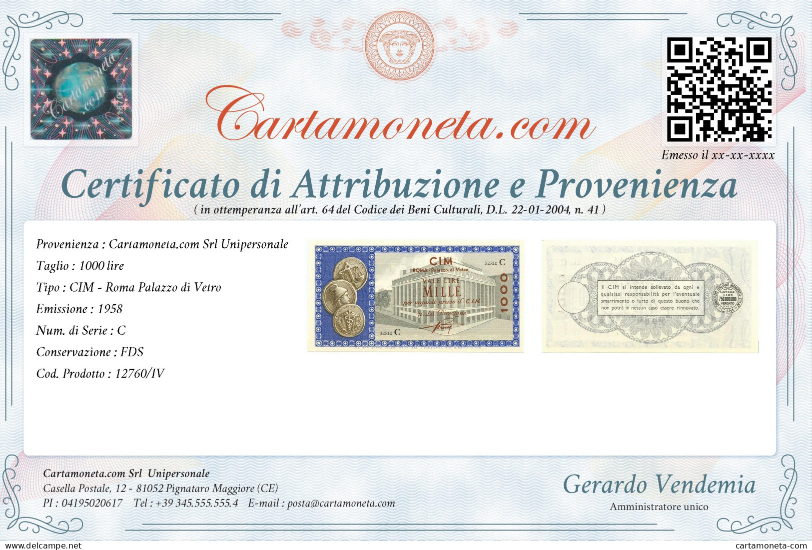 1000 LIRE CONSORZIO ITALIANO MANUFATTI CIM ROMA PALAZZO DI VETRO 1958 FDS - [ 7] Fautés & Variétés