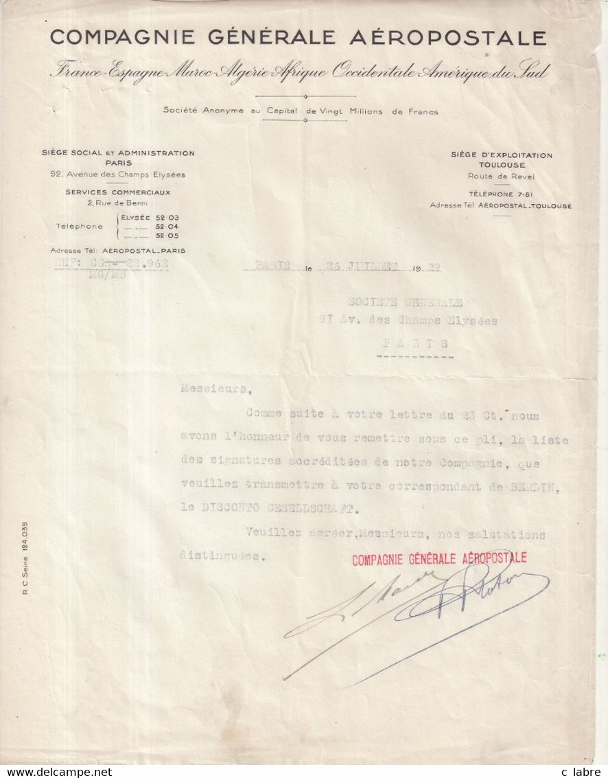 FRANCE : AEROPOSTALE . COURRIER DU SIEGE SOCIAL . SIGNE LOUIS MARET ET PAUL PLOTON . 26/07/1922 . - 1960-.... Briefe & Dokumente