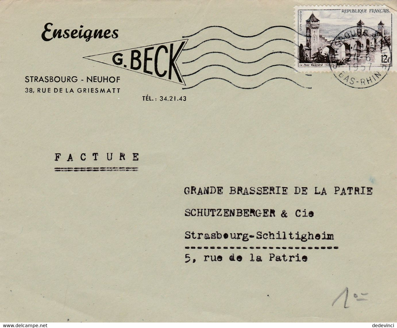 Lettre En-tête : Strasbourg-Neuhof : Enseigne G. Beck - 1921-1960: Modern Period