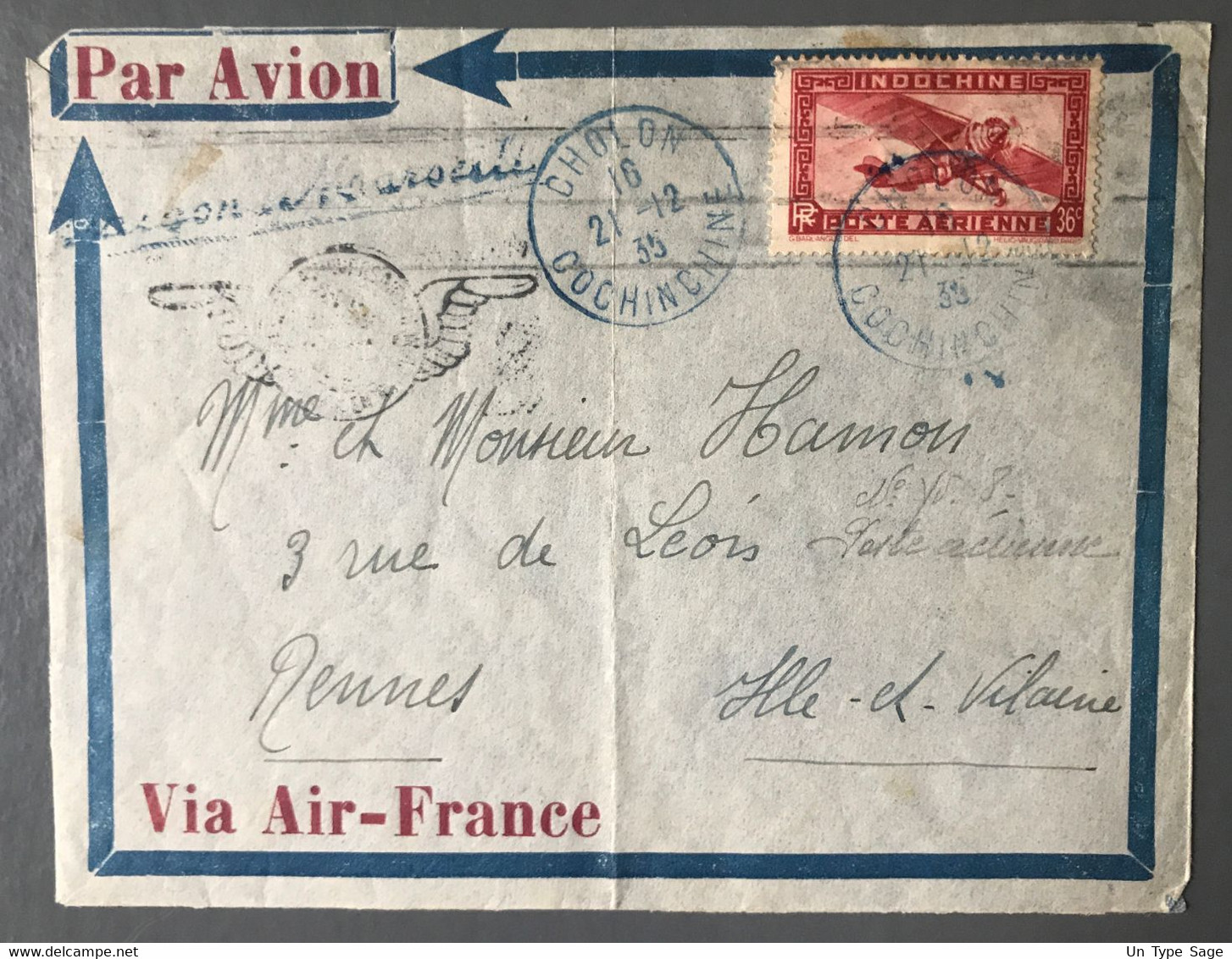 Indochine PA Sur Enveloppe, TAD (bleu) CHOLON COCHINCHINE 21.12.1935 Pour Rennes - (B3701) - Covers & Documents