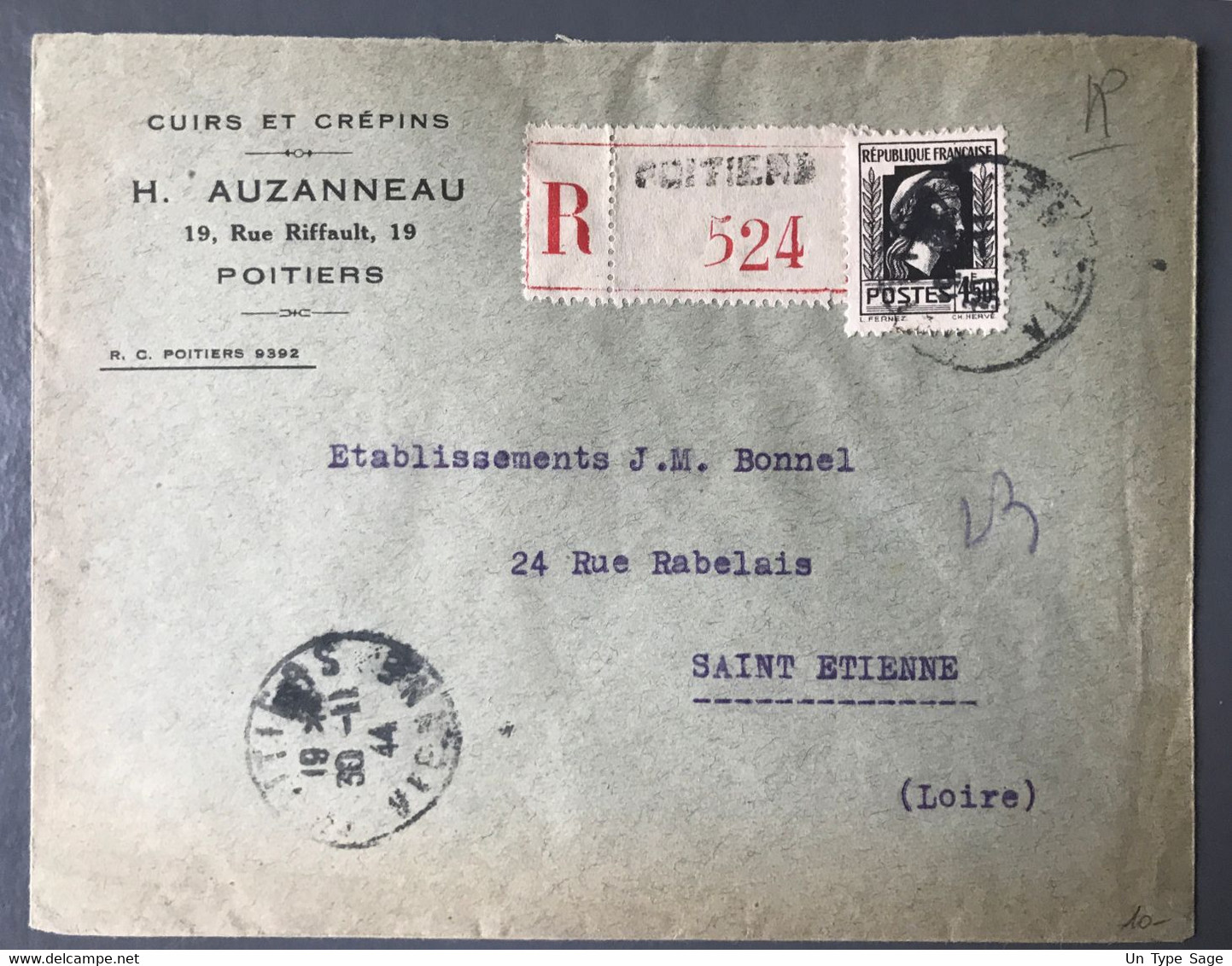 France N°644 (Marianne D'Alger) Seul Sur Enveloppe Reco De Poitiers Pour Saint-Etienne 30.11.1944 - (B3723) - 1921-1960: Modern Tijdperk