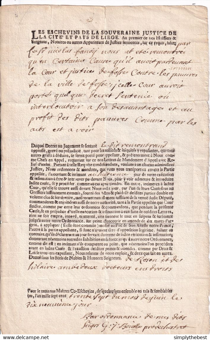 DDY 437 -- Document Imprimé De Justice Du Pays De LIEGE En 1737 - Appel De Nicolas Lanoy Contre Les Pauvres De FOSSE - 1714-1794 (Oostenrijkse Nederlanden)