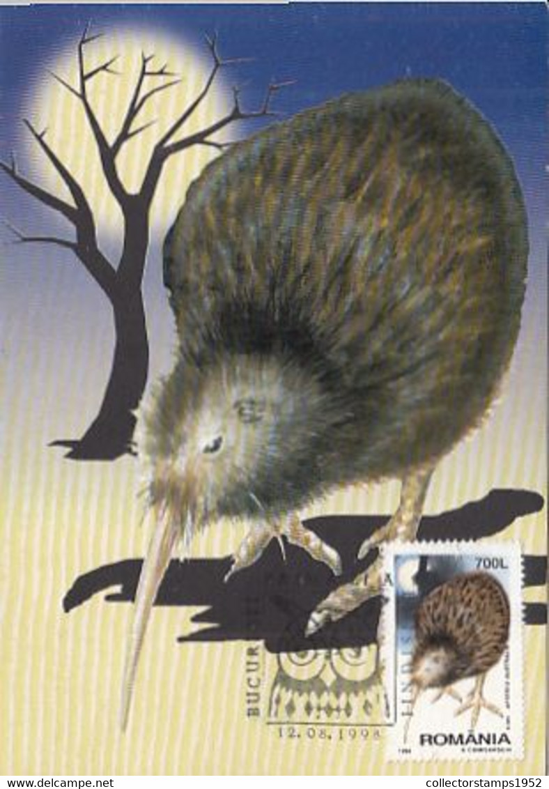 93307- SOUTHERN BROWN KIWI, BIRDS, ANIMALS, MAXIMUM CARD, OBLIT FDC, 1998, ROMANIA - Kiwis