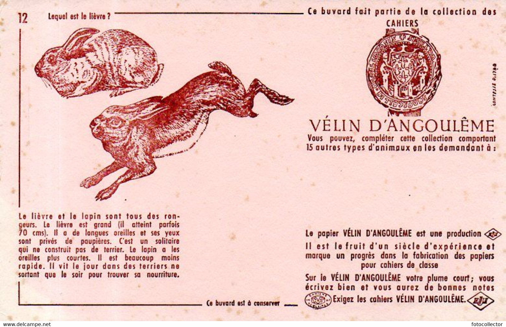 Buvard Papier Vélin D'Angoulême : Le Lièvre Et Le Lapin - Papeterie