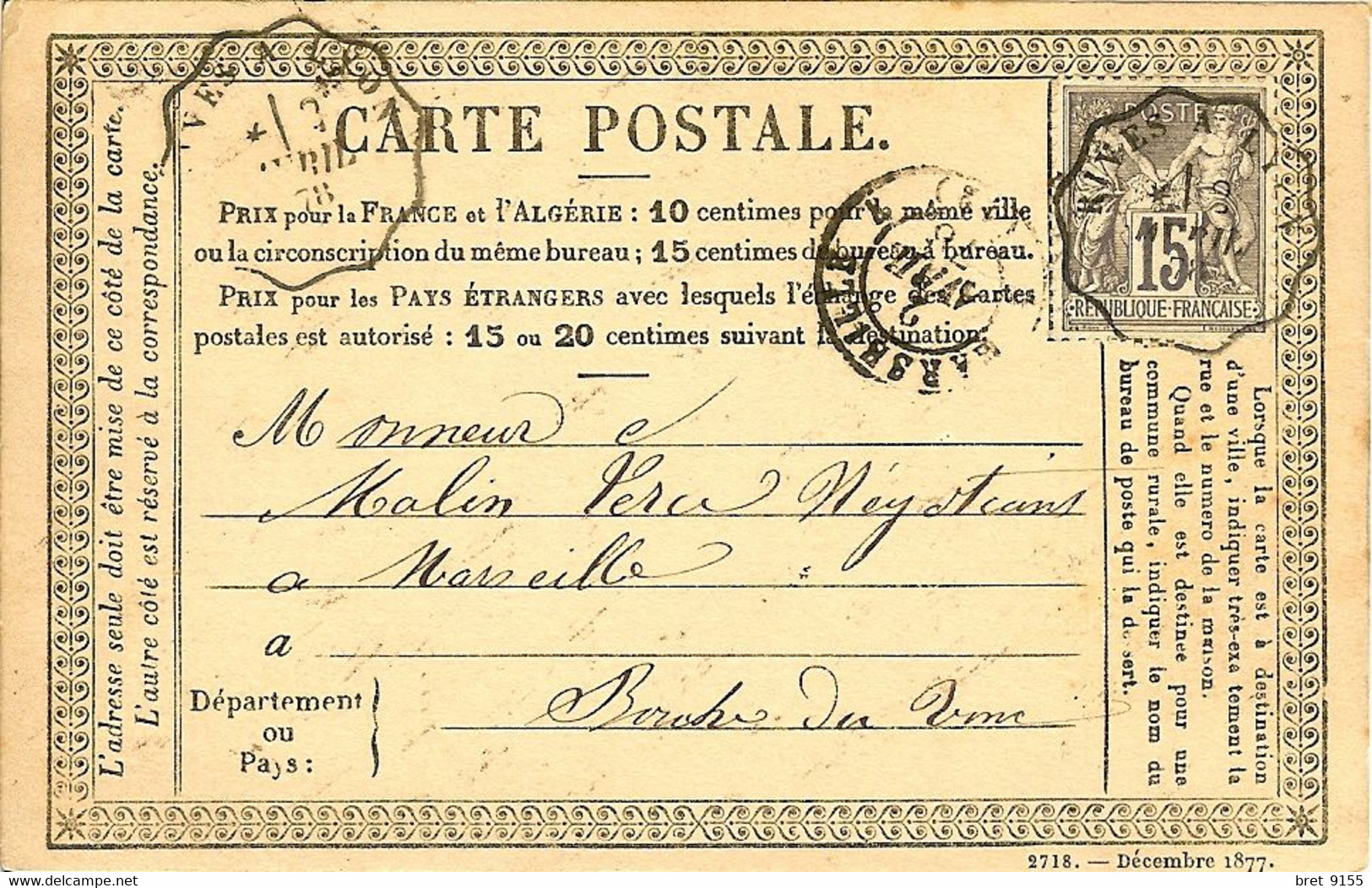 38 BEAUREPAIRE RIVES TIMBRE AVRIL 1878 A NEGOCIANT A MARSEILLE J ATTEND MON BLE ( LE VRAI ) - 1876-1878 Sage (Type I)