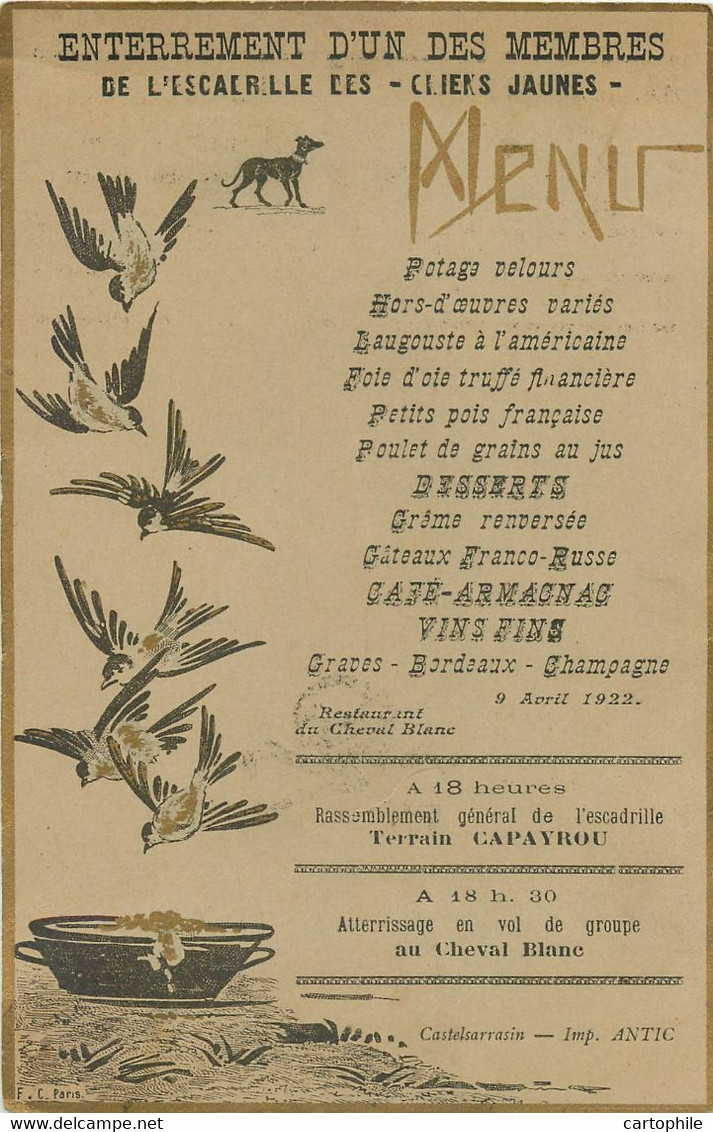 Rare Menu Escadrille Des Chiens Jaunes De Castelsarrasin 1922 Enterrement D'un Membre - Vol Aviation WW1 Pionniers As - Aviazione