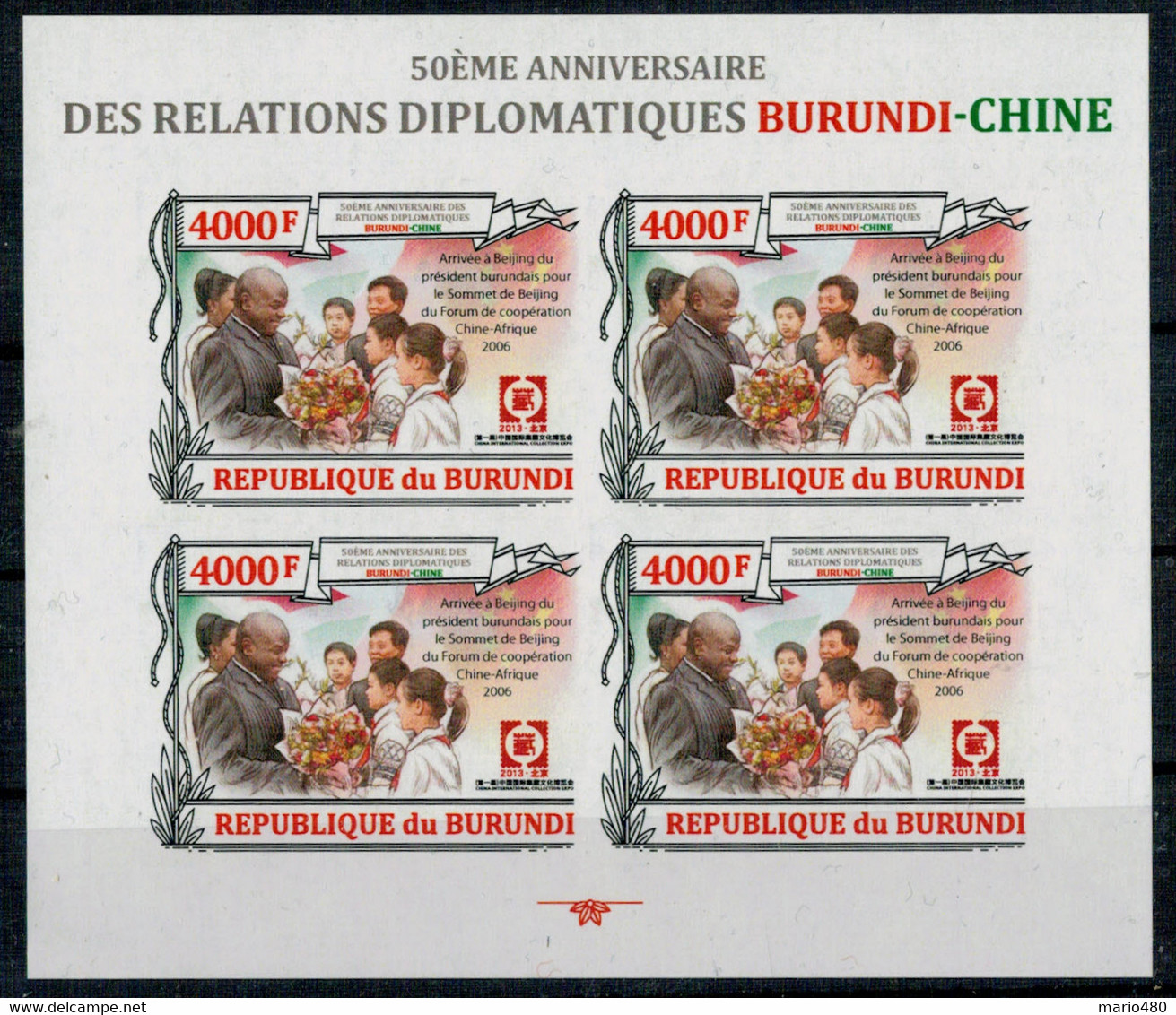 REPUBLIQUE  DU BURUNDI  50°  ANNIVERSARIO  RELAZIONI DIPLOMATICHE -CHINA (1 SHEET WITH 4 STAMPS) MNH ** - Burundi